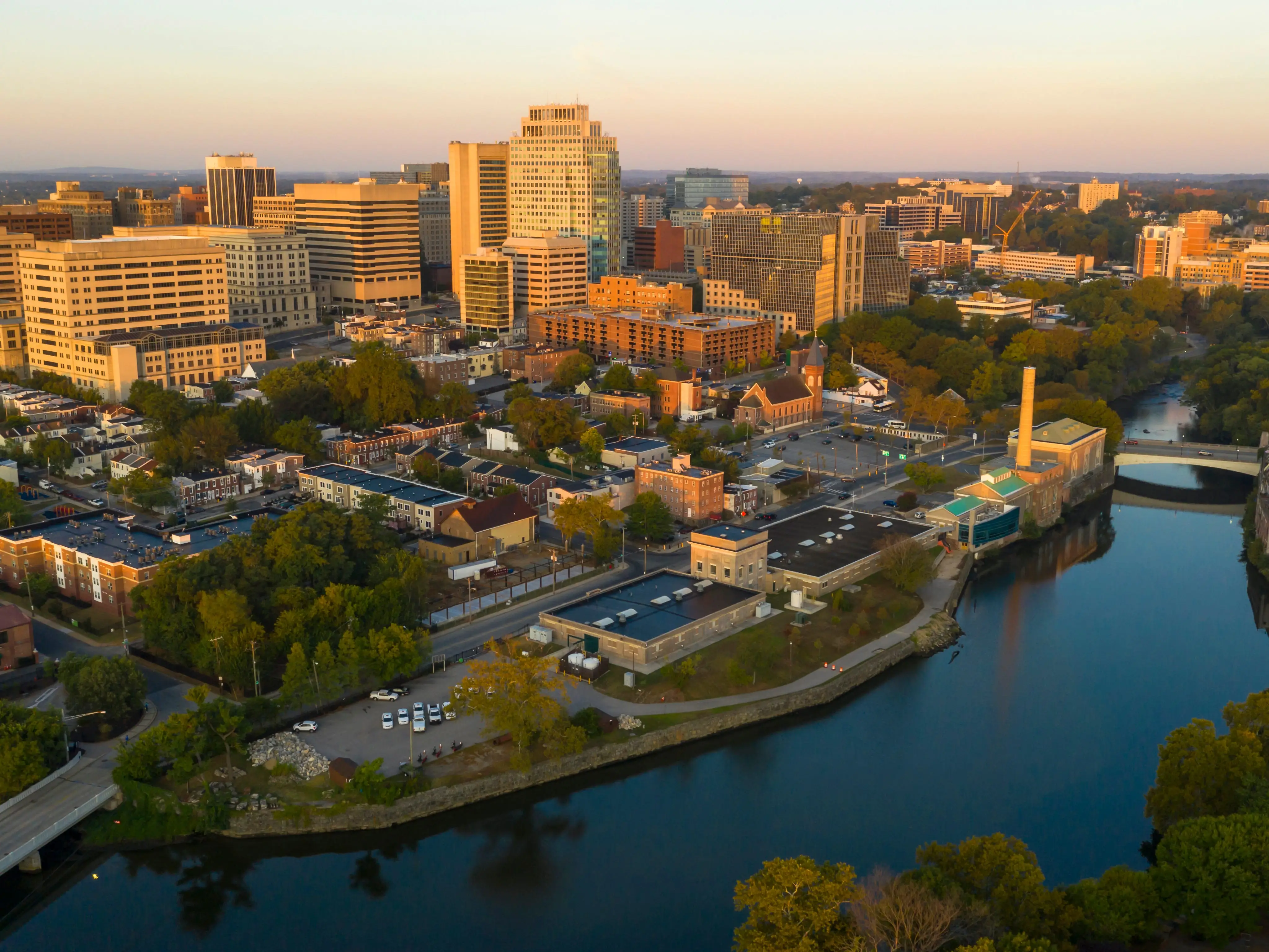 Saturated early morning light hits the buildings and architecture of downtown Wilmington Delaware