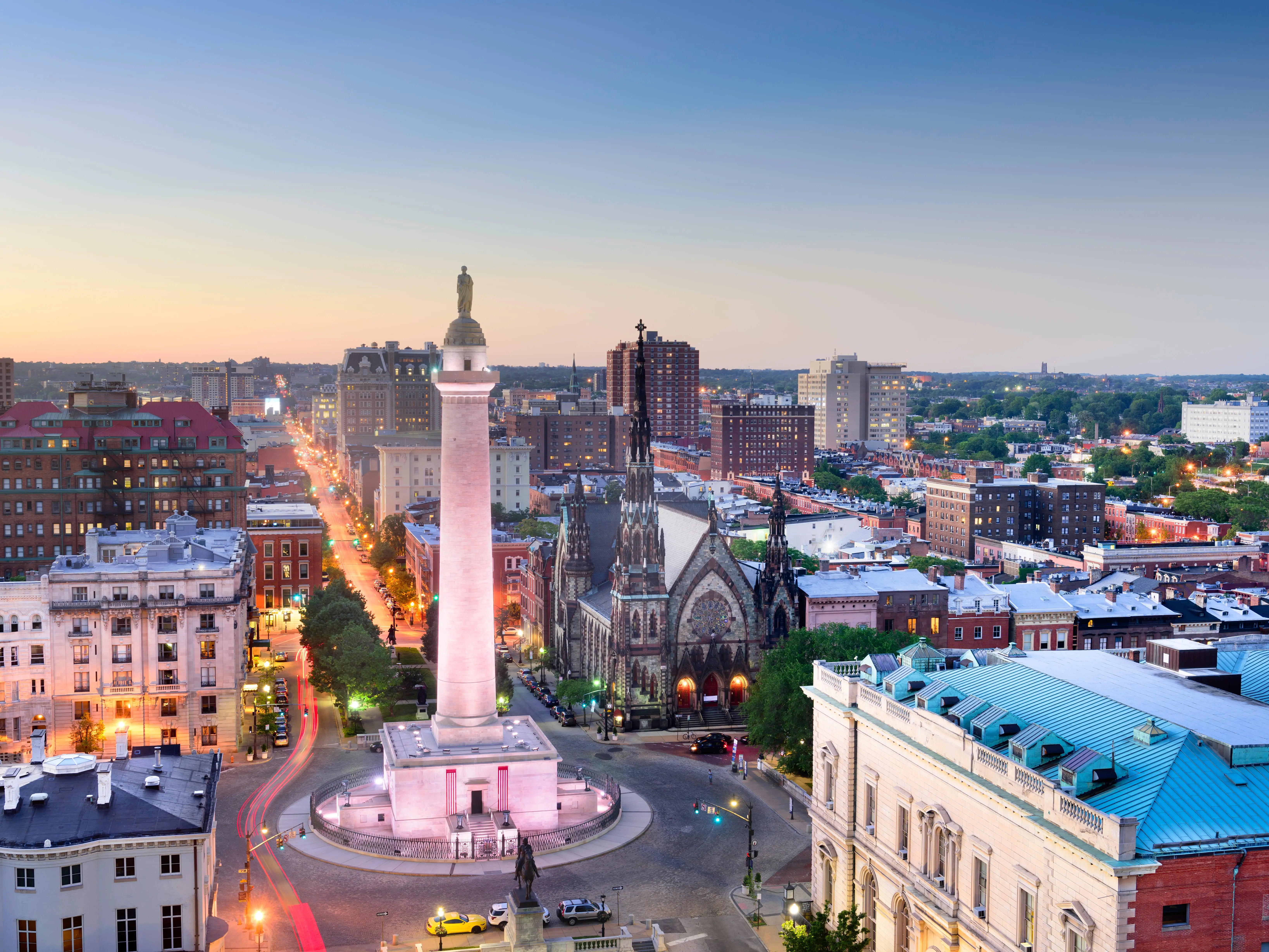 Baltimore, Maryland, USA cityscape at Mt. Vernon and the Washington Monument.
