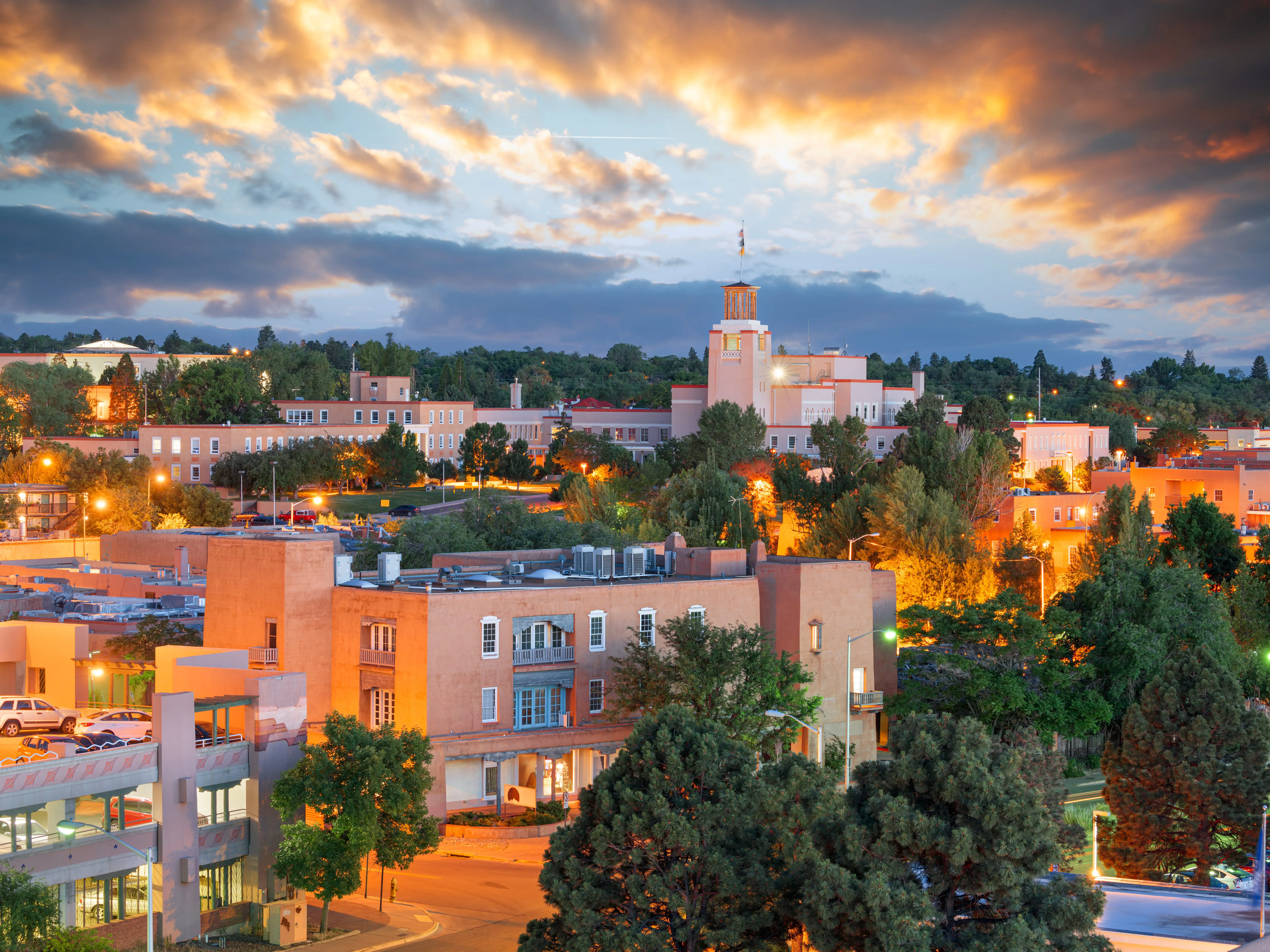 Santa Fe, New Mexico, USA downtown skyline at dusk.