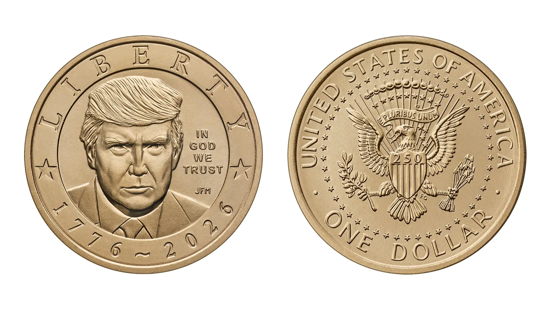 Gold-colored one dollar coin design shows Donald Trump portrait on front and eagle emblem on reverse.