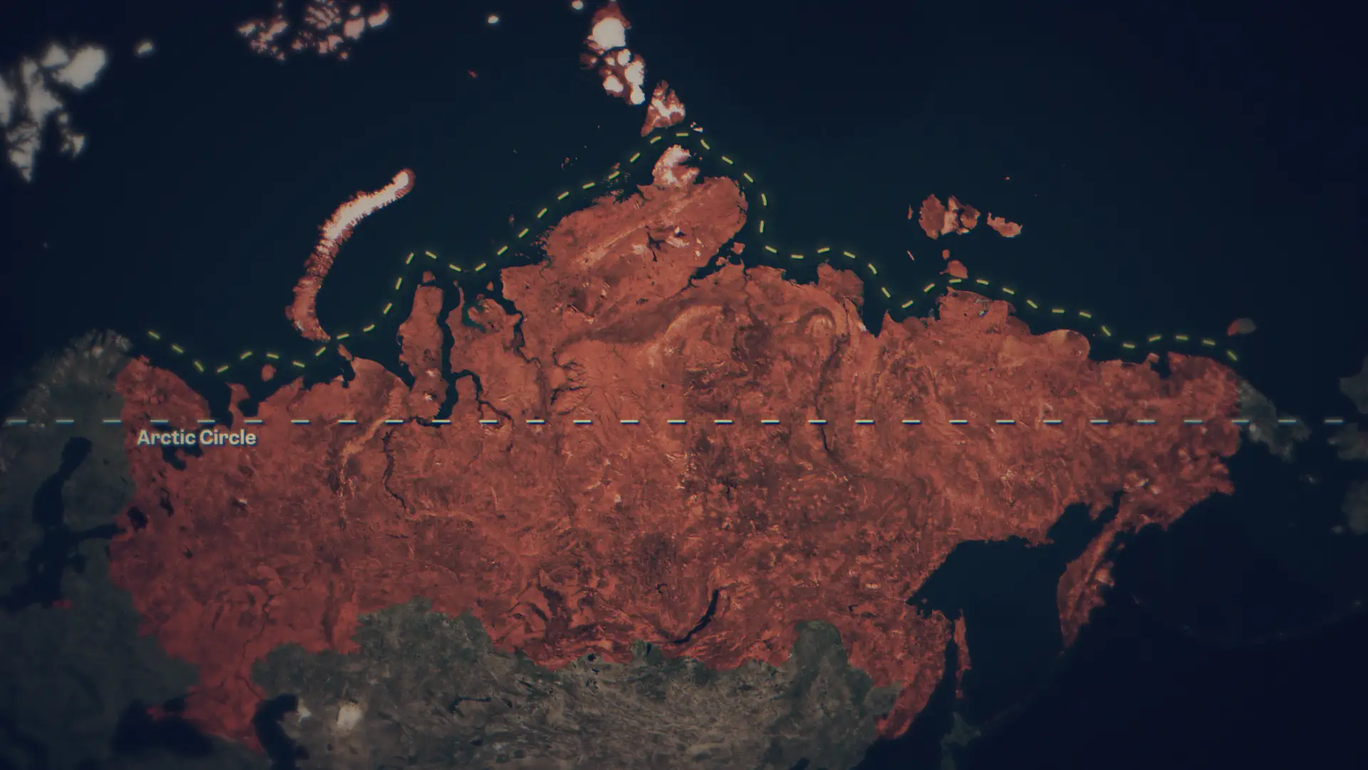 A map of Russia with a dotted line outlining its coastline