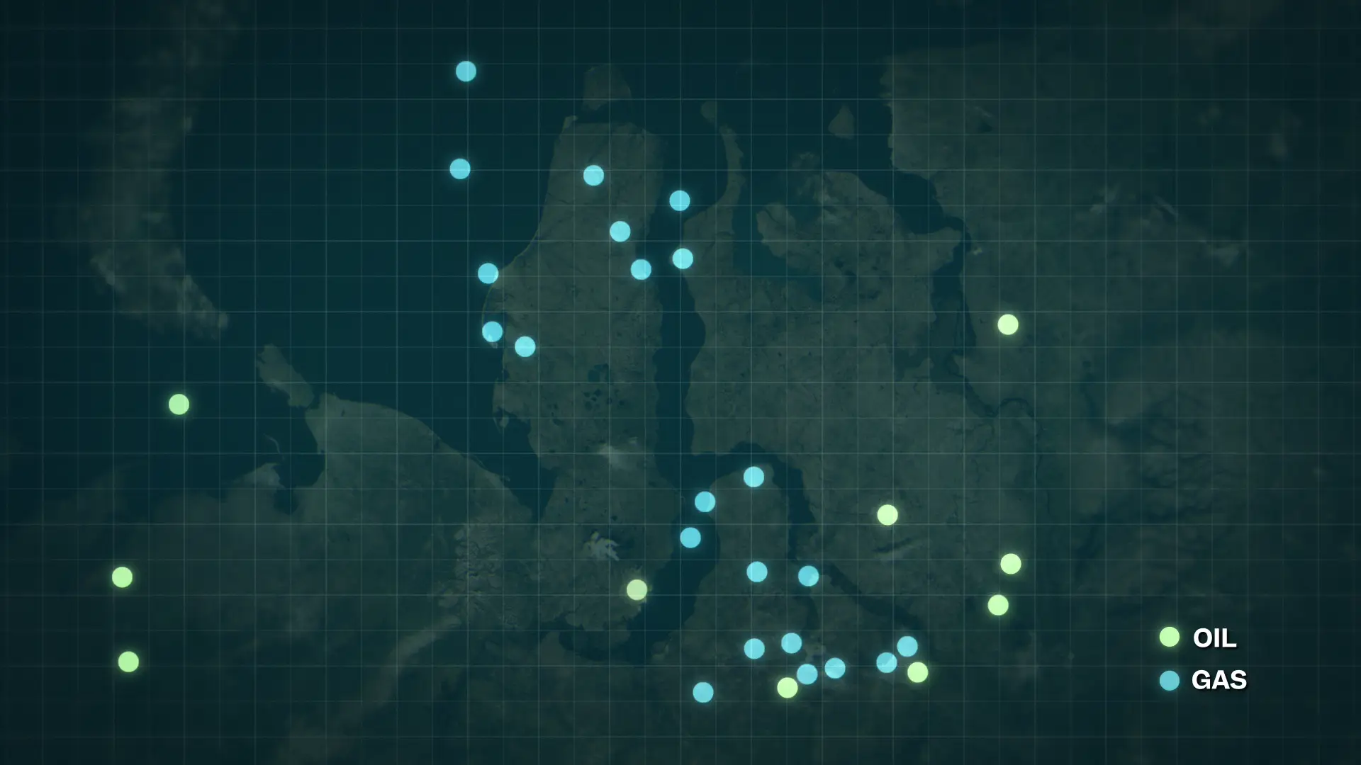 A map of Russia with dots marking locations, 22 for gas and 10 for oil.