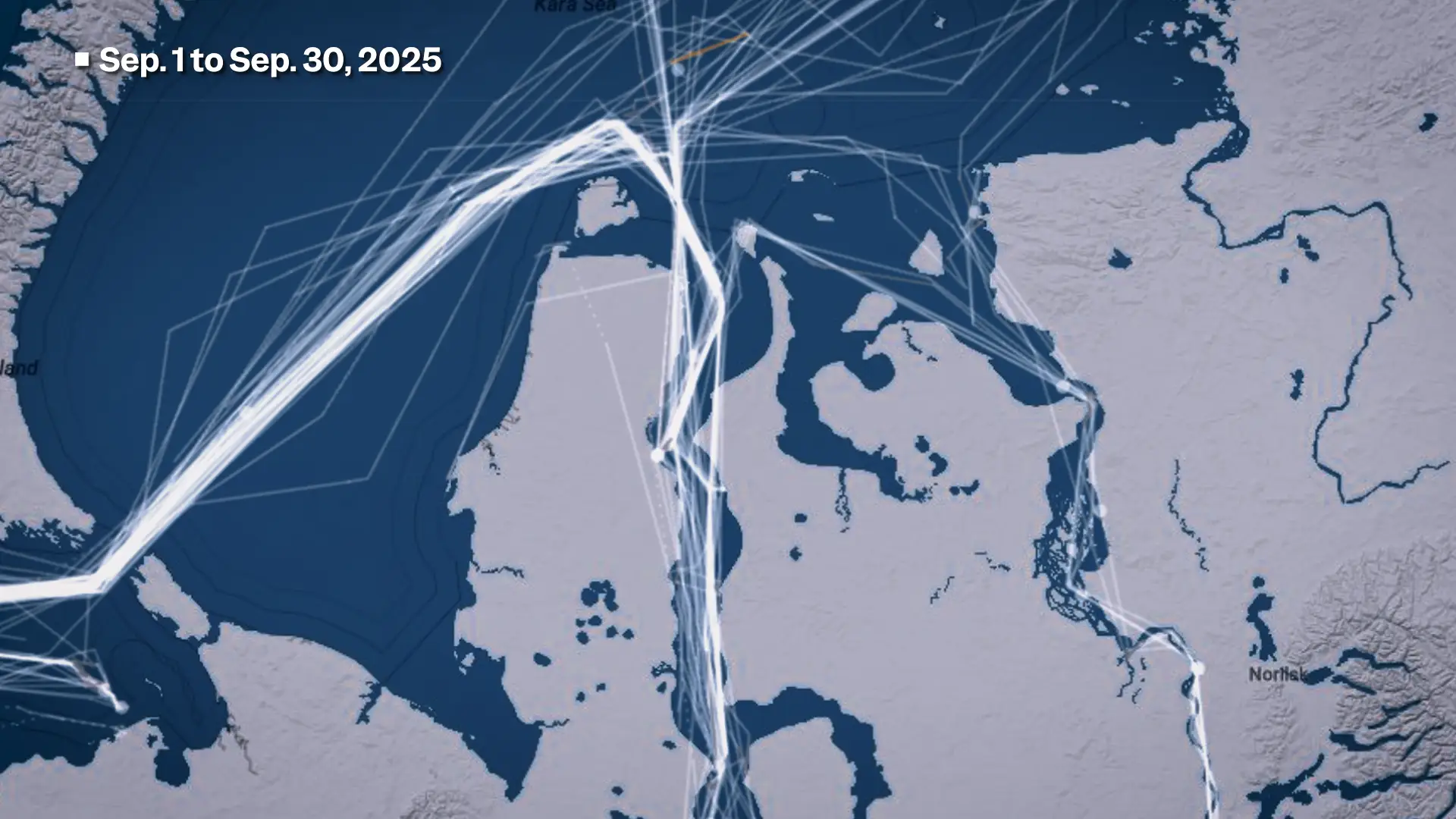 A map labelled Sep. 1 to Sep. 30, 2025 of with lines through the ocean, most concentrated around one path connecting to a port on a peninsula.