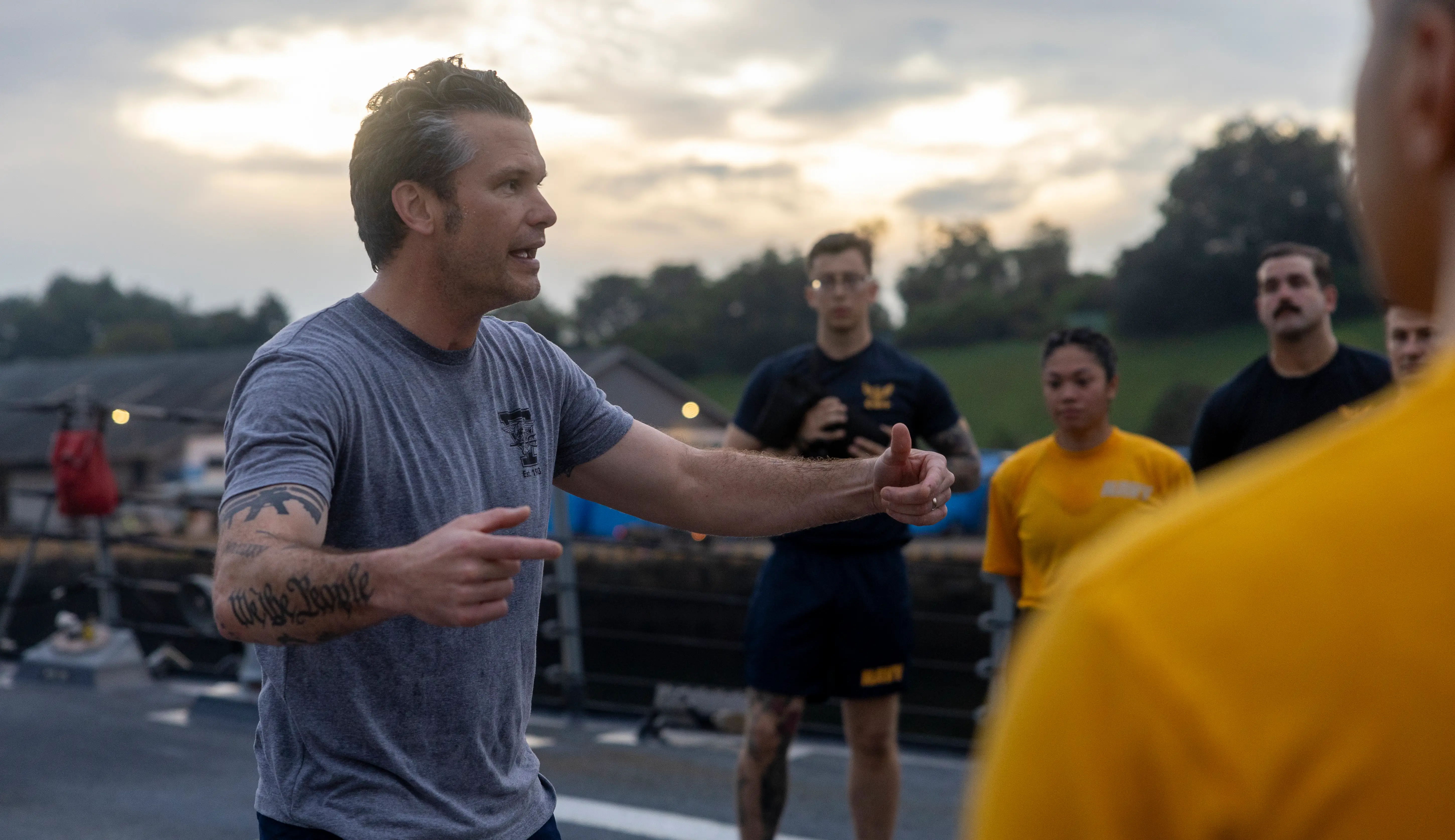 Secretary of Defense Pete Hegseth addresses troops after a morning workout in Singapore, May 30, 2025.