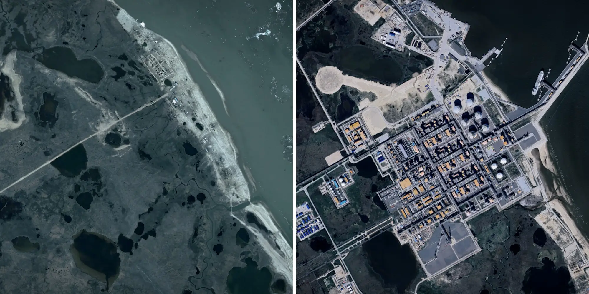 A composite of two satellite images. The left image is a green landscape next to water. The right image is the same location but now with LNG infrastructure.