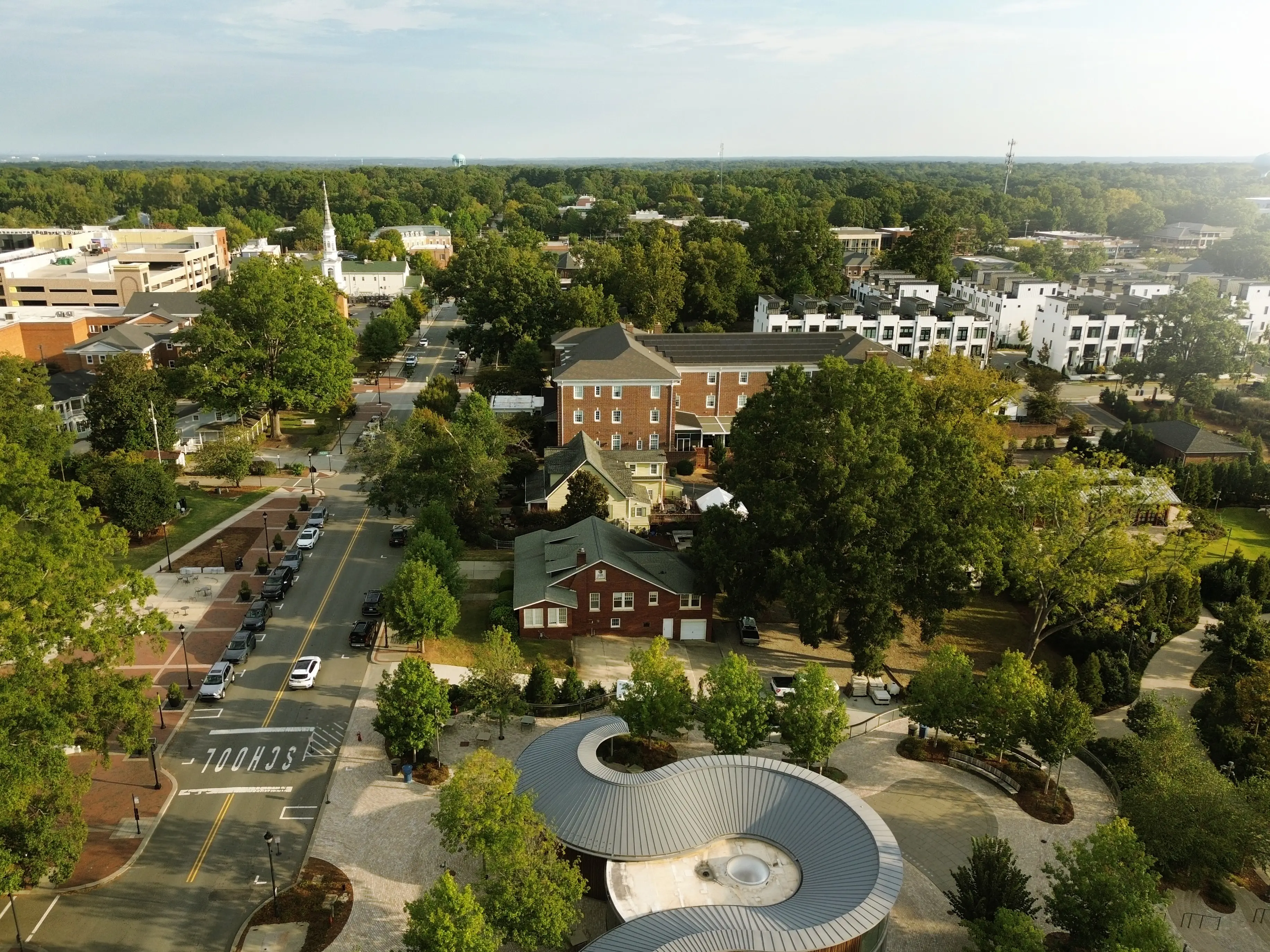 Aerial view of Academy Street and the Downtown Cary Park in downtown Cary North Carolina