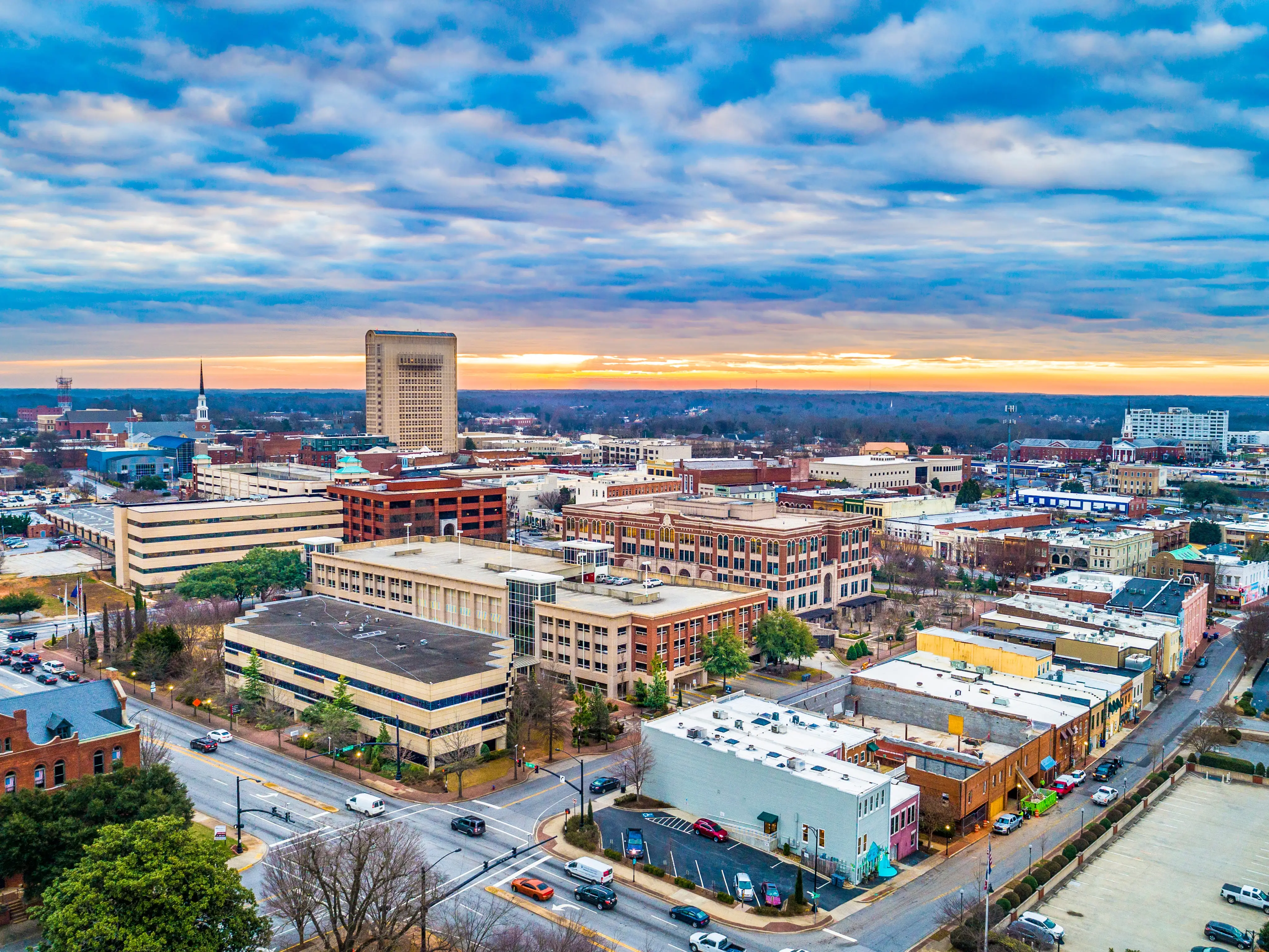 Drone Aerial of Main Street in Downtown Spartanburg, South Carolina, USA.