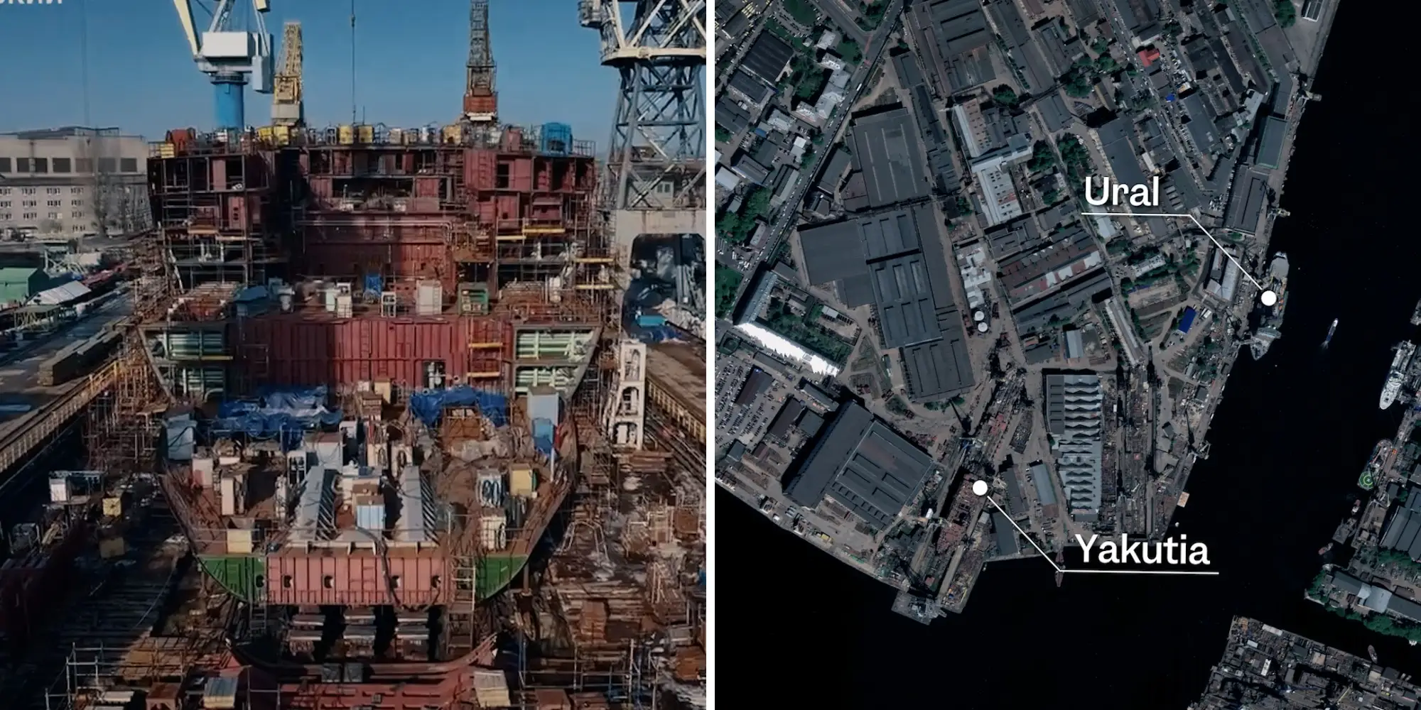 A composite of two images. The left image is the cross-section of a ship under construction. The right image is a satellite of a shipyard with who ships labelled