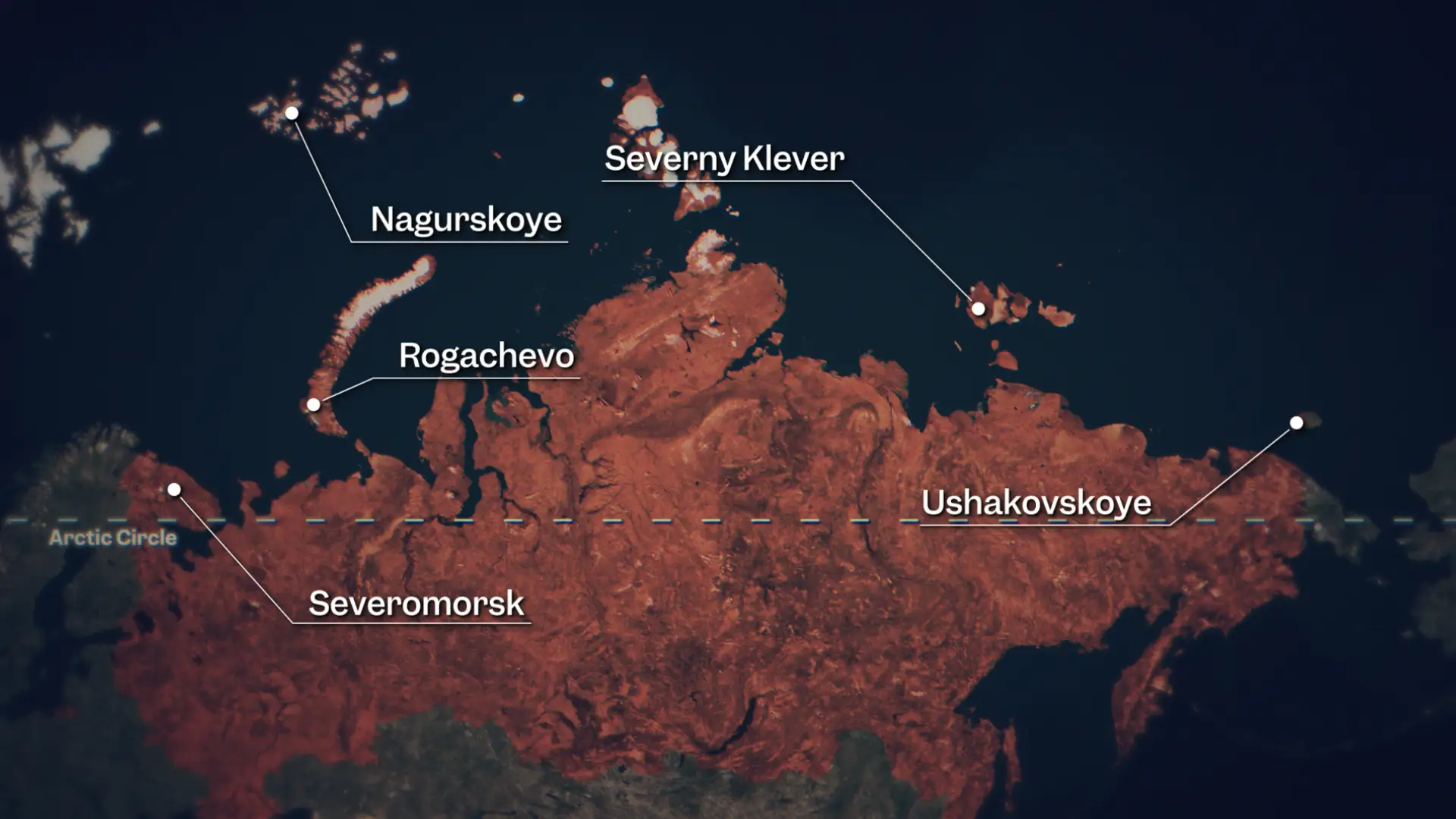 A map of Russia with pinpoints at five locations above the Arctic Circle labelled Severomorsk, Nagurskoye, Rogachevo, Severny Klever, Ushakovskoye.