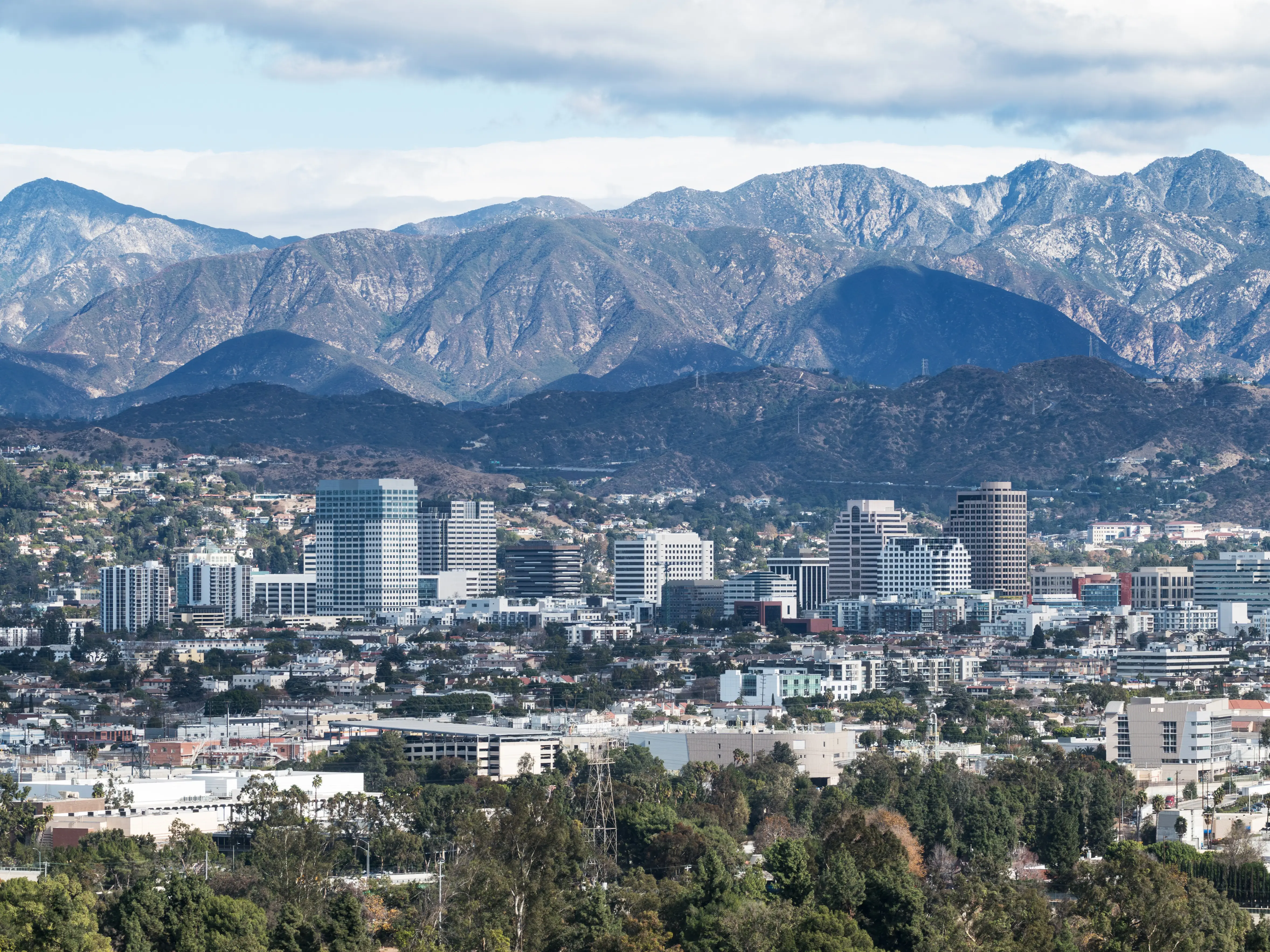 Downtown Glendale California and the San Gabriel Mountains stock photo