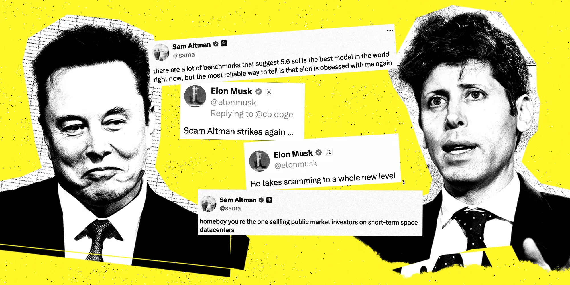 Elon Musk and Sam Altman collage featuring tweets and subtweets