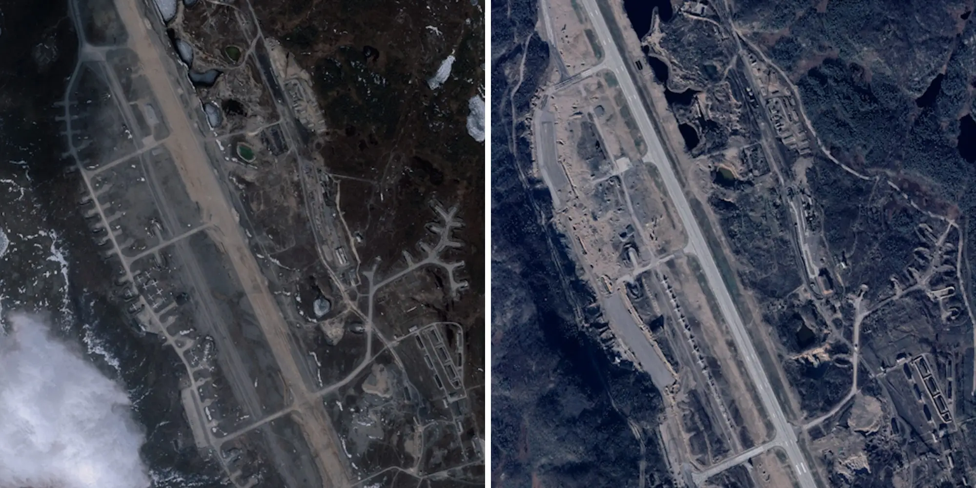 A composite of two satellite images of a runway. The image on the right is expanded and has new pavement.