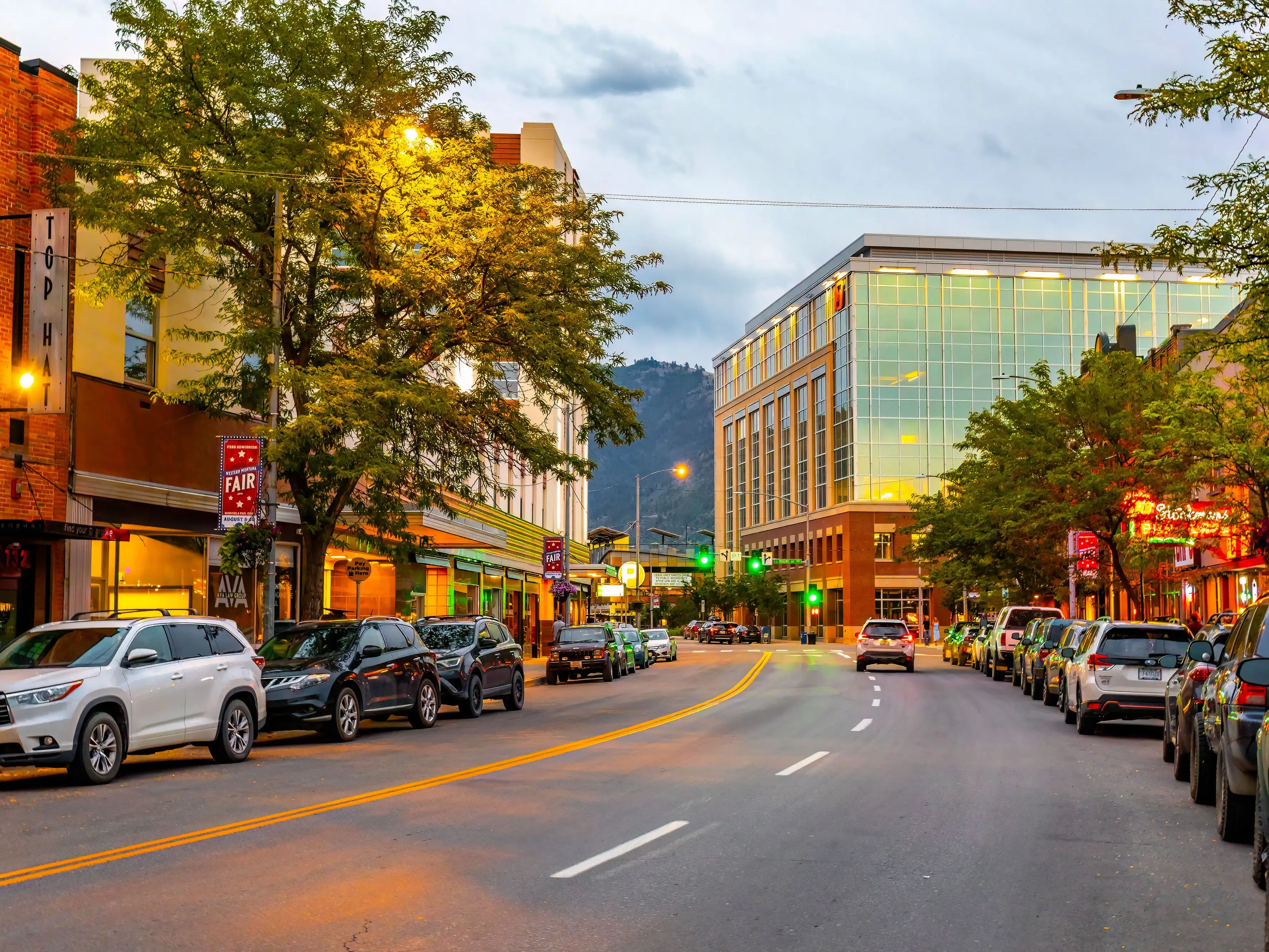 Missoula downtown streets illuminated at dusk stock photo