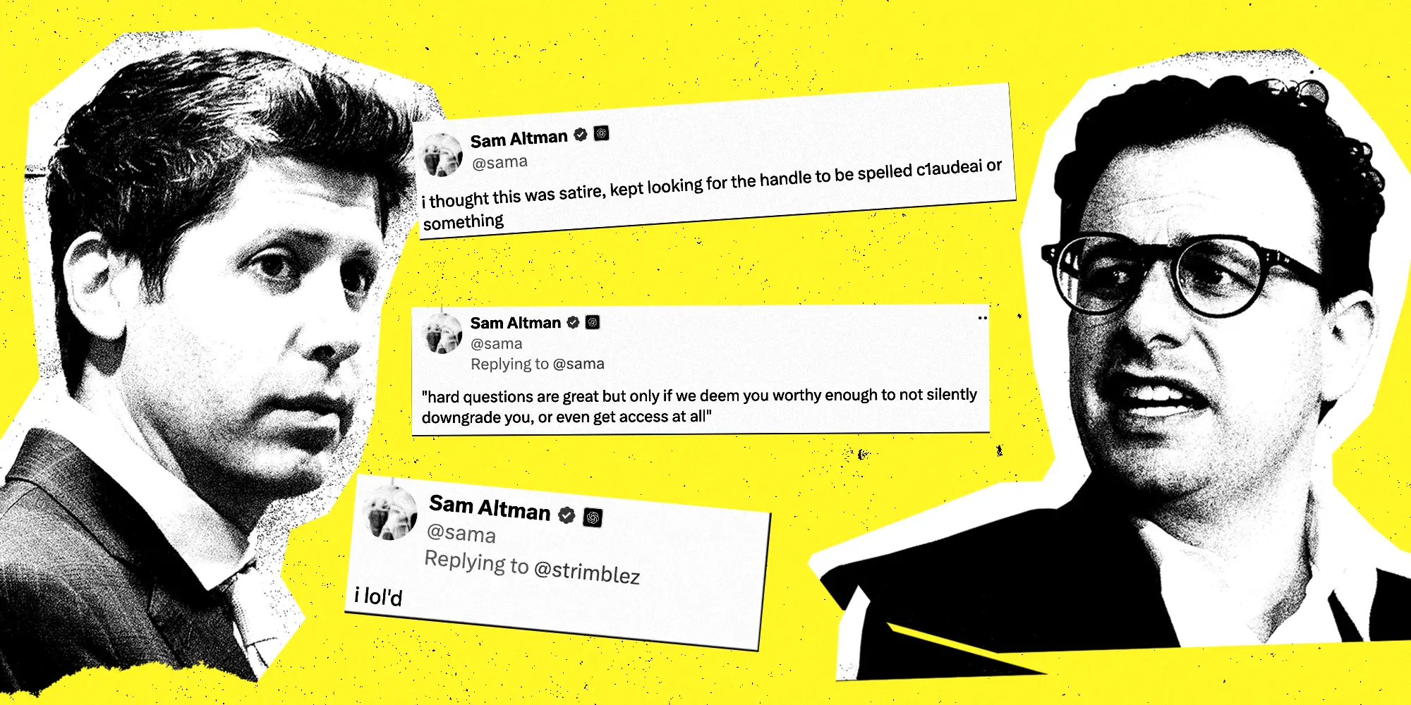 Dario Amodei and Sam Altman collage featuring tweets and subtweets