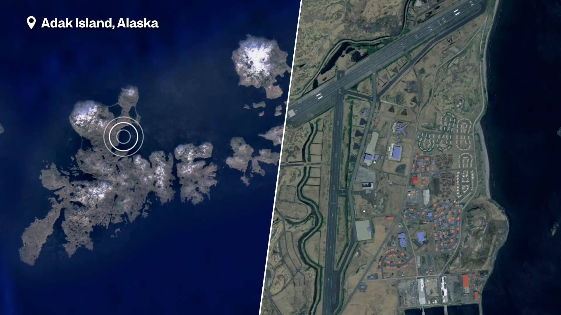 A composite of two satellite images labelled Adak Island, Alaska. The left image is a wide view of the island with a highlight on the northern side, the right image is a closer view of a town and large runway.