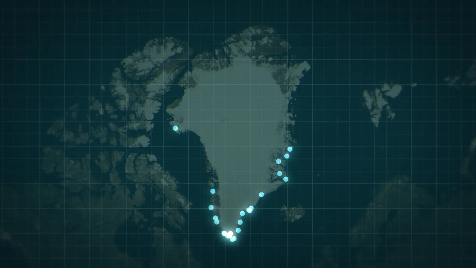 A map of Greenland with around 20 blue dots marking locations along the island's east and west coast, including one in the far northwest.