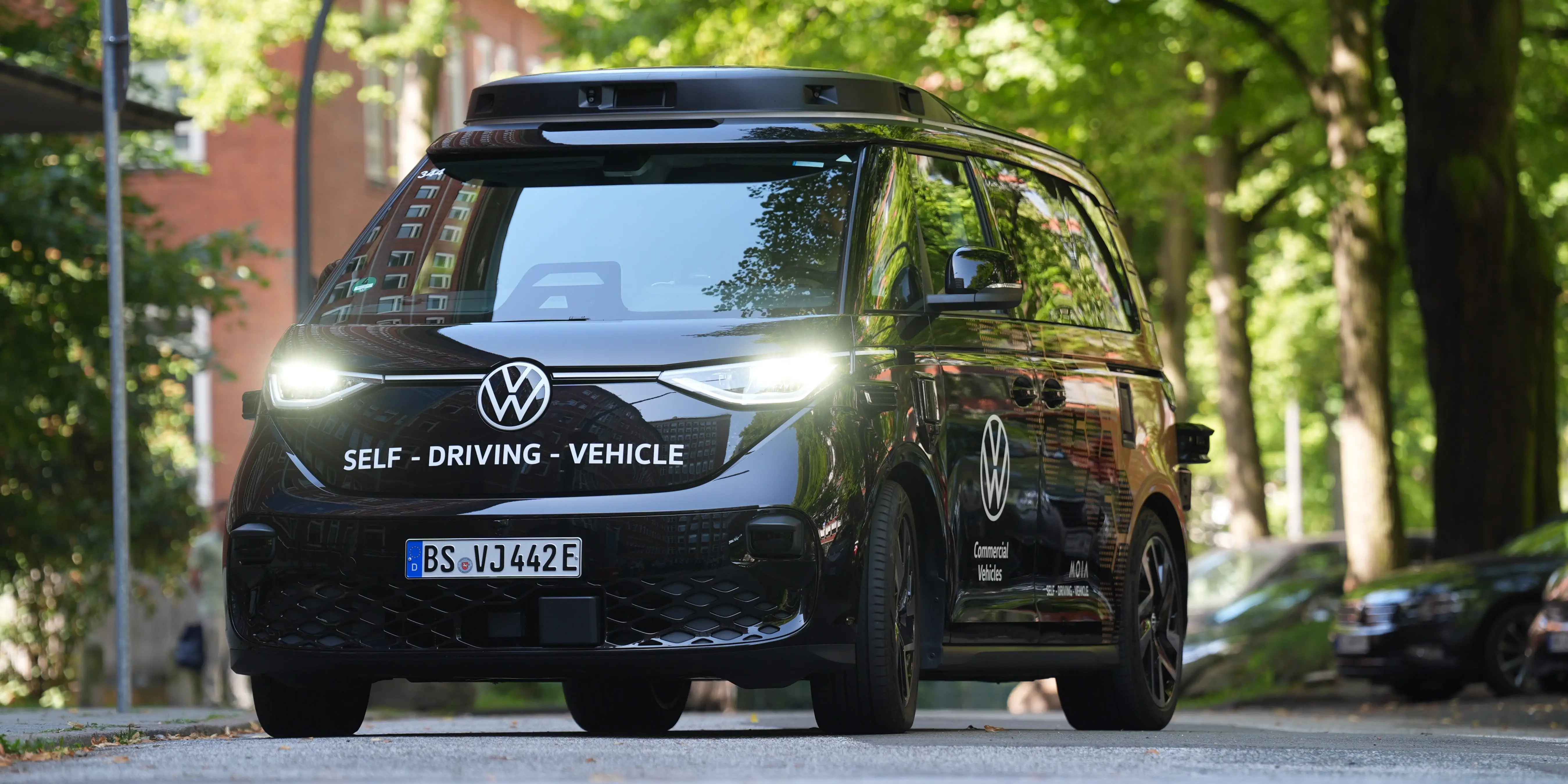A self-driving Volkswagen ID. Buzz