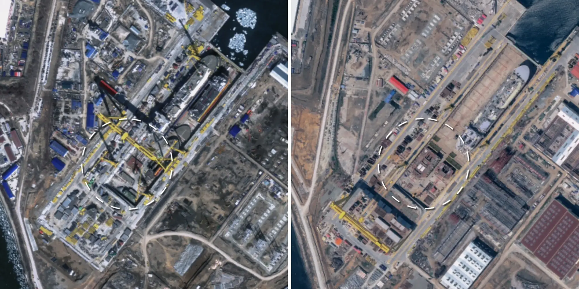 A composite of two satellite images of the same shipyard. The left image has small brown rectangle on the dry dock, and the right image shows the same location but the assemblage of ship hull pieces has more than doubled in size.