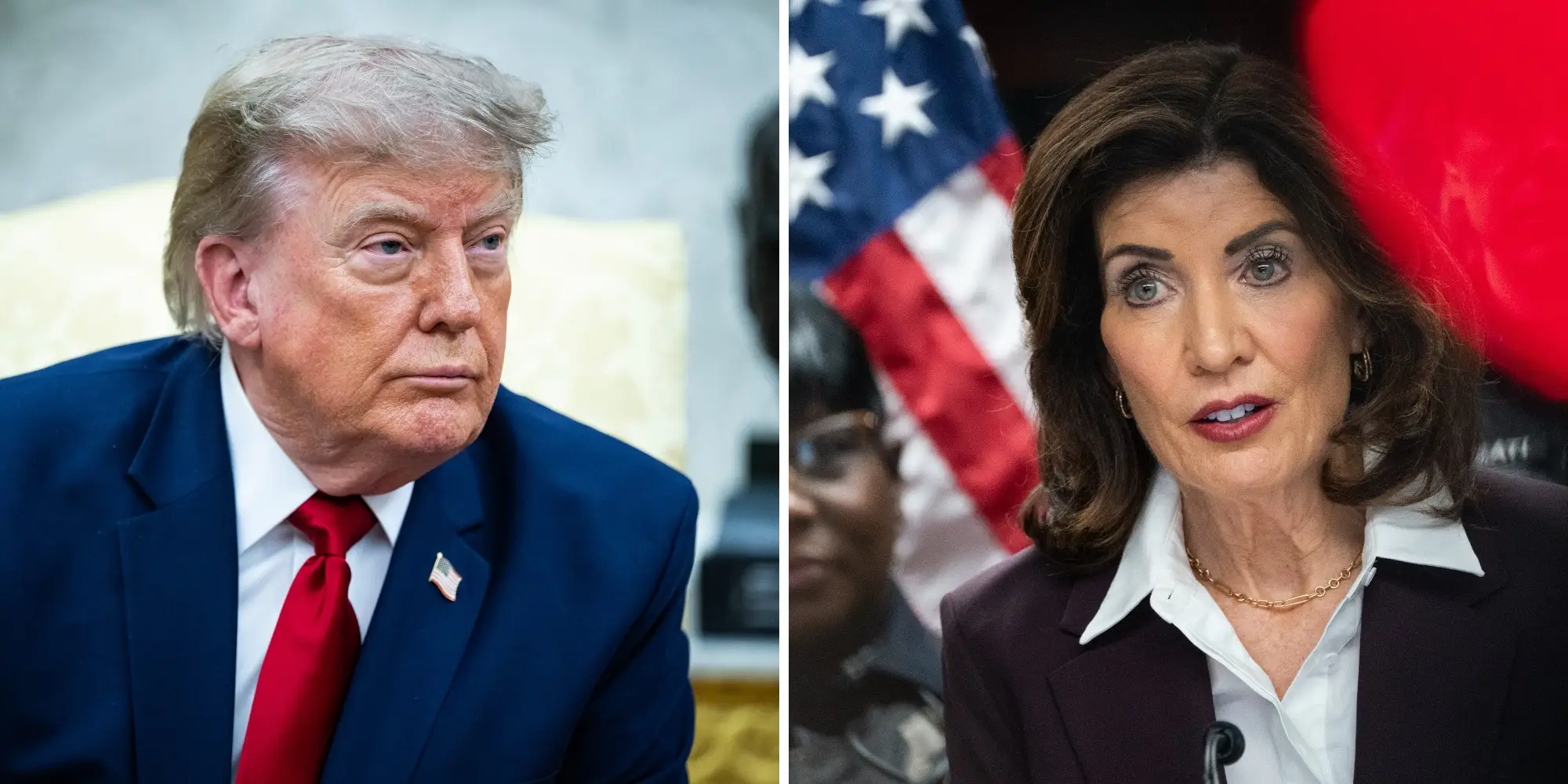 A composite image of President Donald Trump (left) and NY Gov. Kathy Hochul (right).