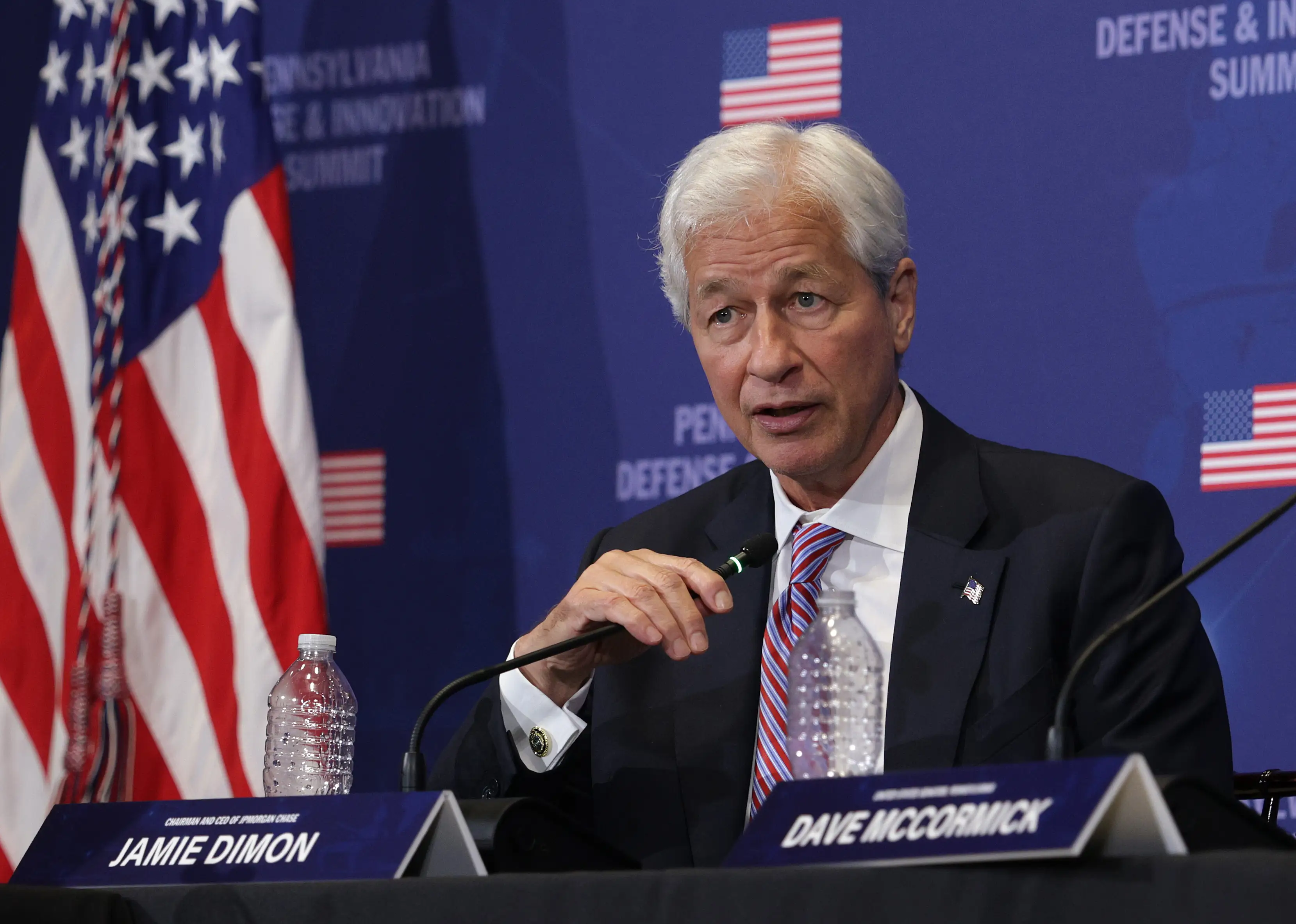 JPMorgan Chase CEO Jamie Dimom attends the Pennsylvania Defense and Innovation Summit with President Donald Trump at U.S. Army War College on July 15, 2026 in Carlisle, Pennsylvania.