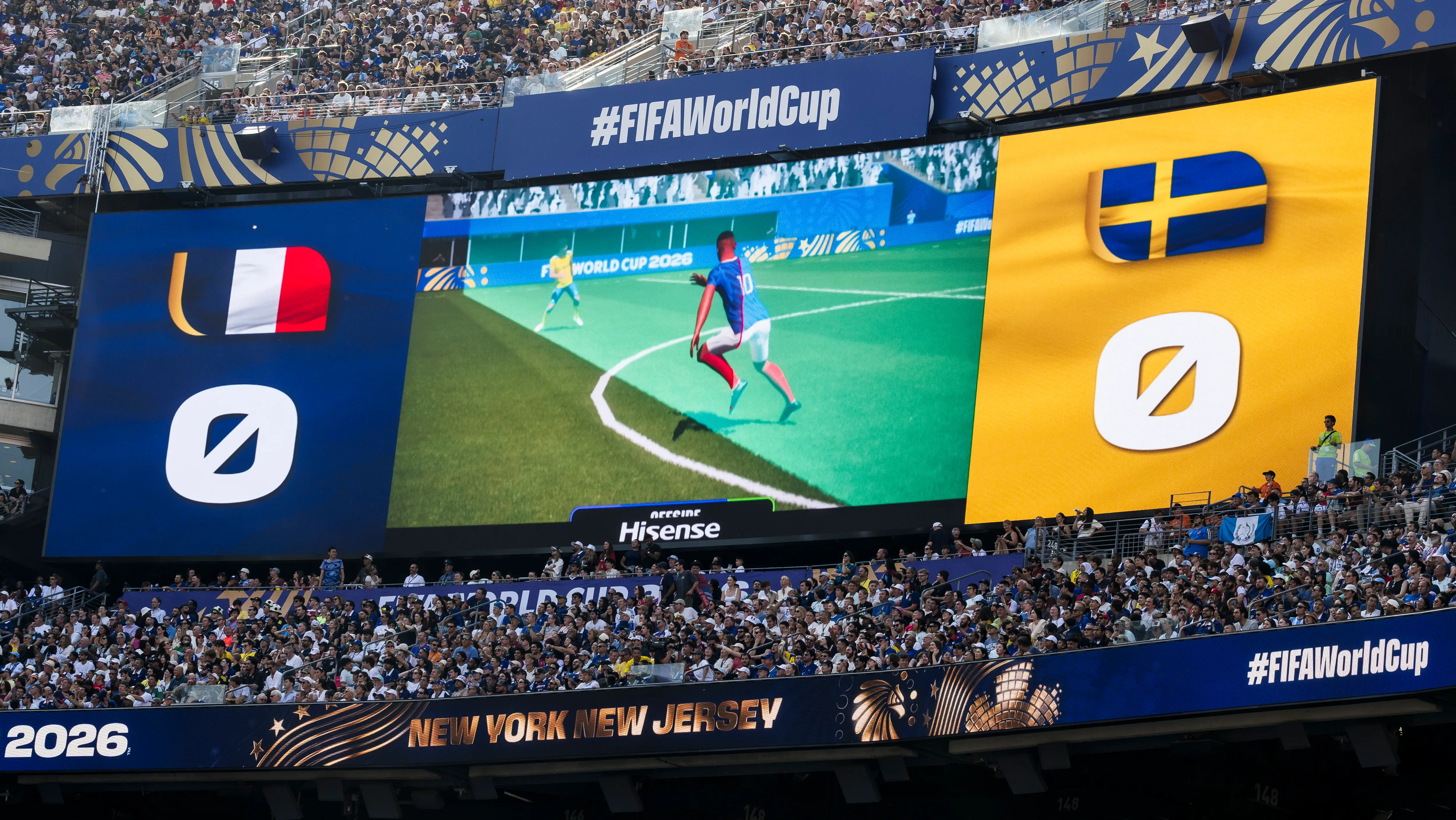 METLIFE STADIUM, EAST RUTHERFORD, NEW JERSEY, UNITED STATES - 2026/06/30: A giant screen shows a replay highlighting an offside by Kylian Mbappe of France with an on-screen graphic during the FIFA World Cup 2026 round of 32 football match between France and Sweden. France won 3-0 over Sweden.