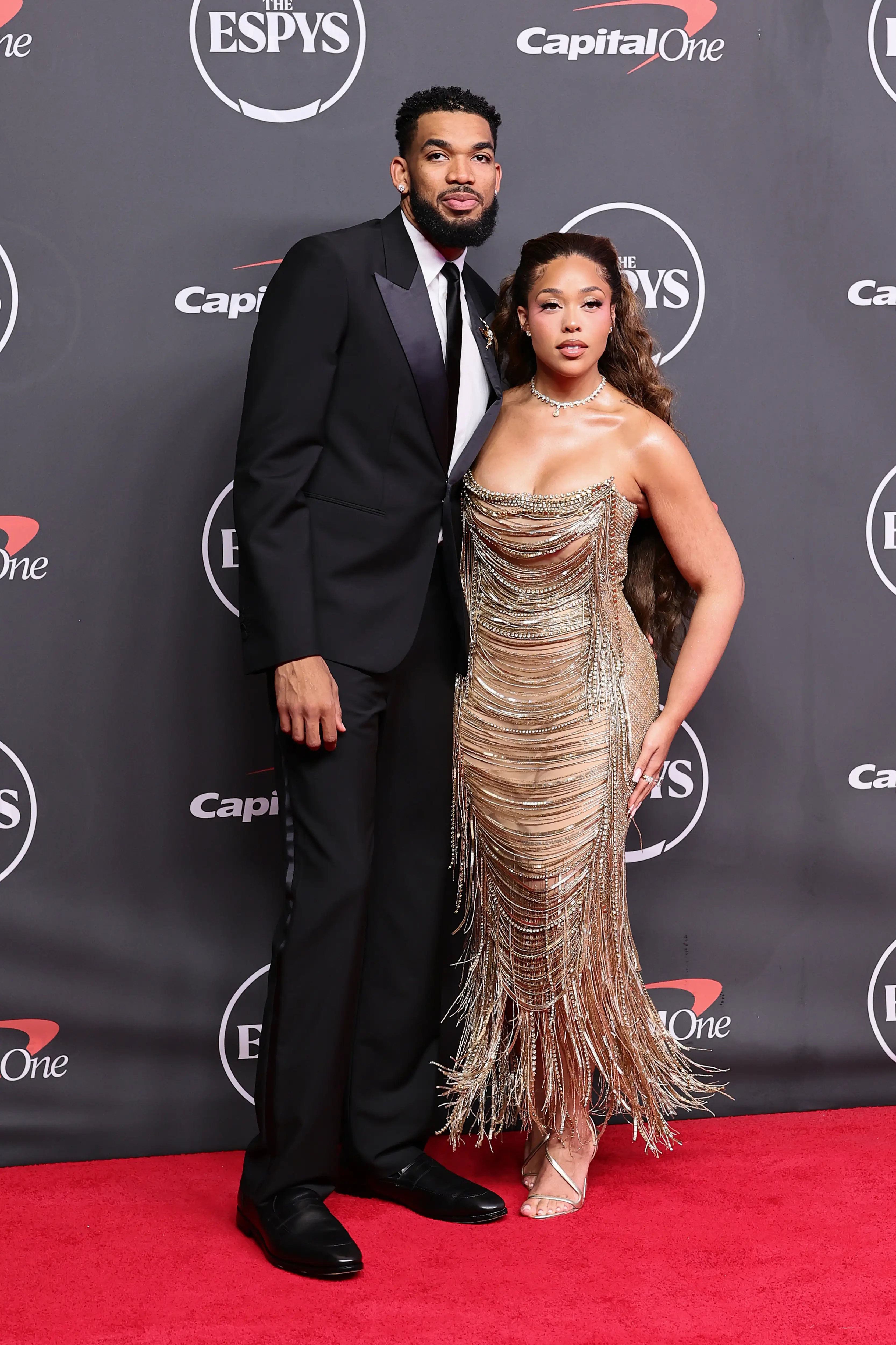 Karl-Anthony Towns and Jordyn Woods attend the 2026 ESPY Awards in July 2026.