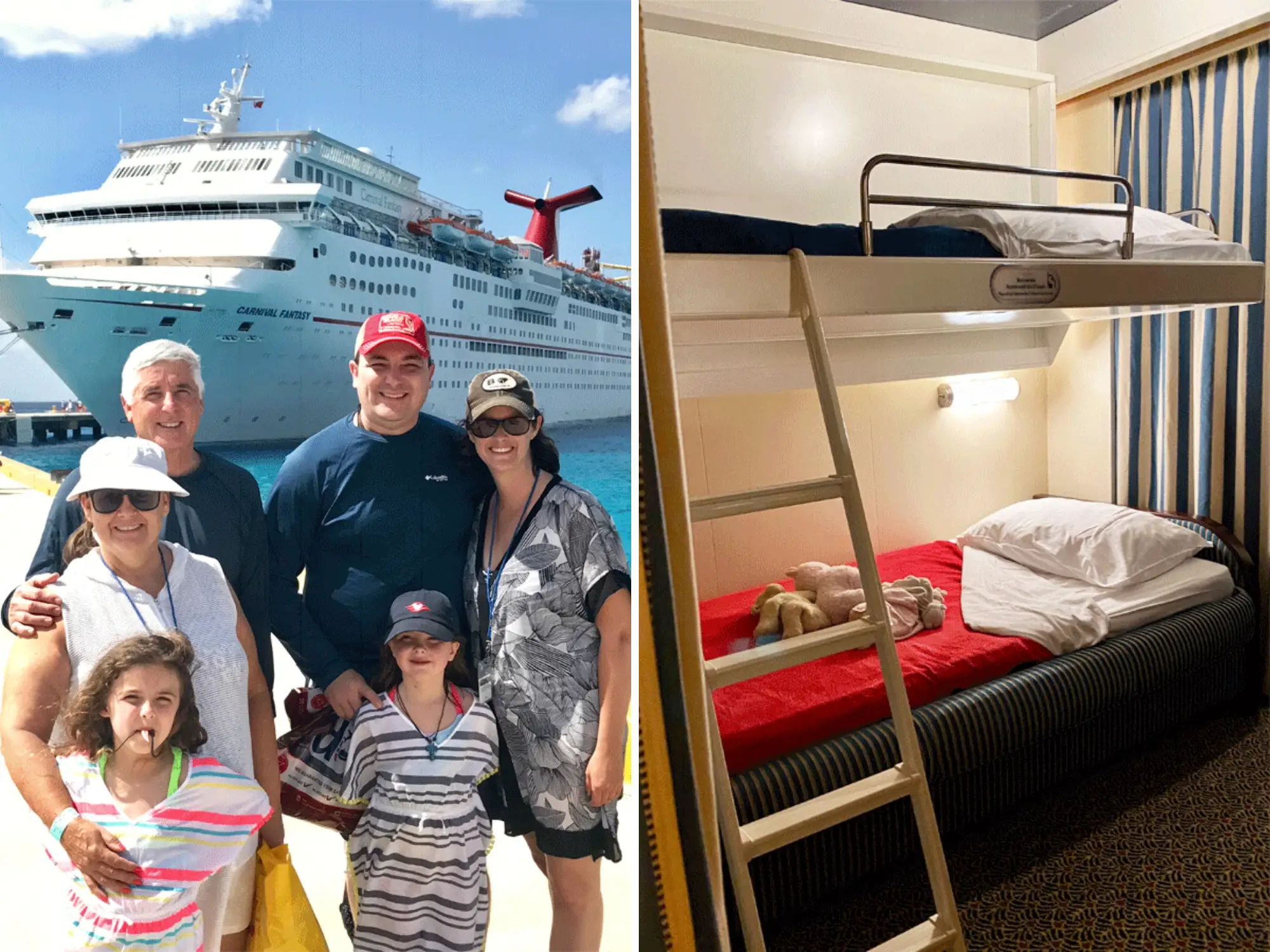 Side by side of family in front of cruise ship next to interior bunk beds in a cruise ship room