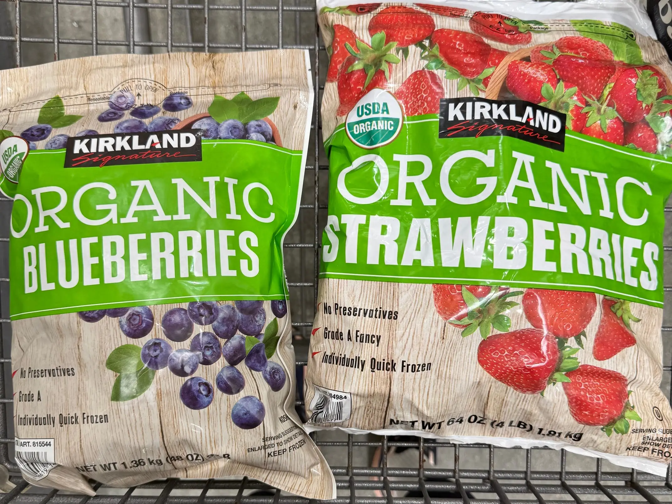 Kirkland Signature organic frozen blueberries and frozen strawberries.
