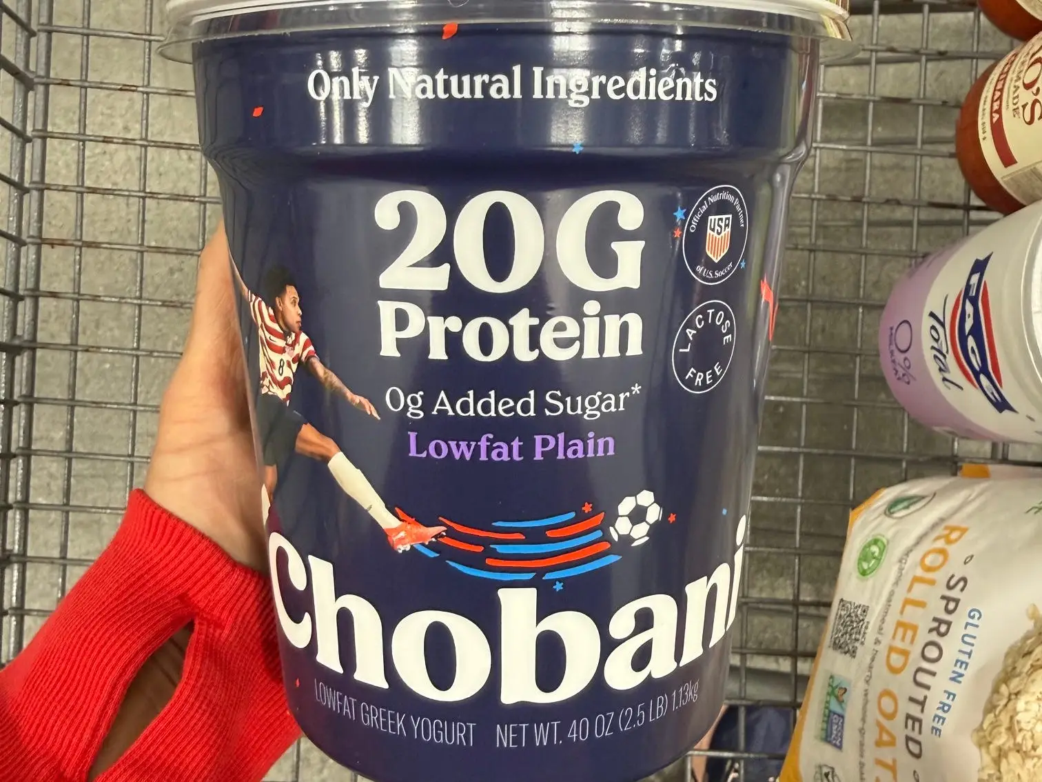 A tub of Chobani low-fat plain yogurt.