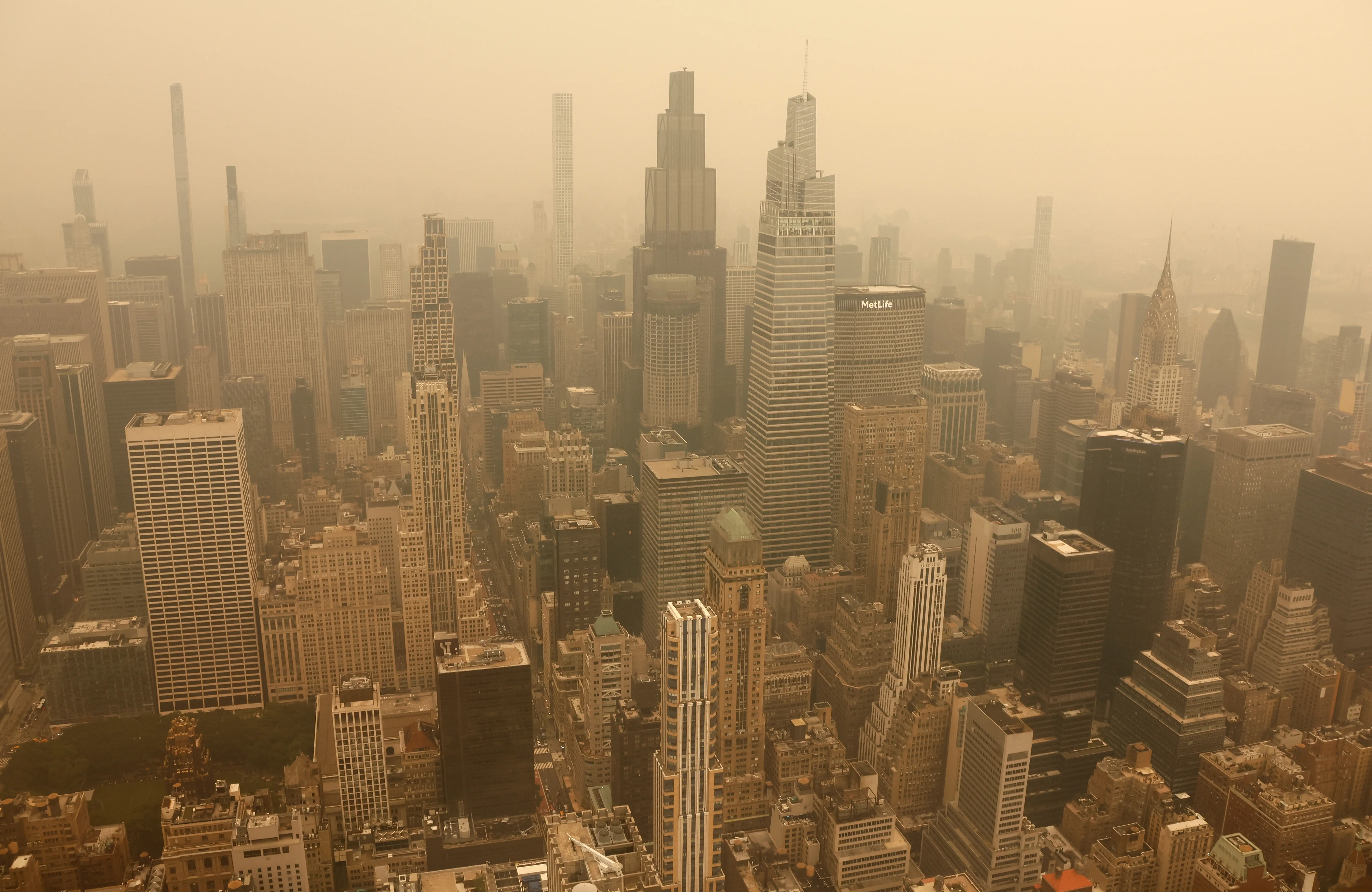 New York City's skyline with wildfire smoke.