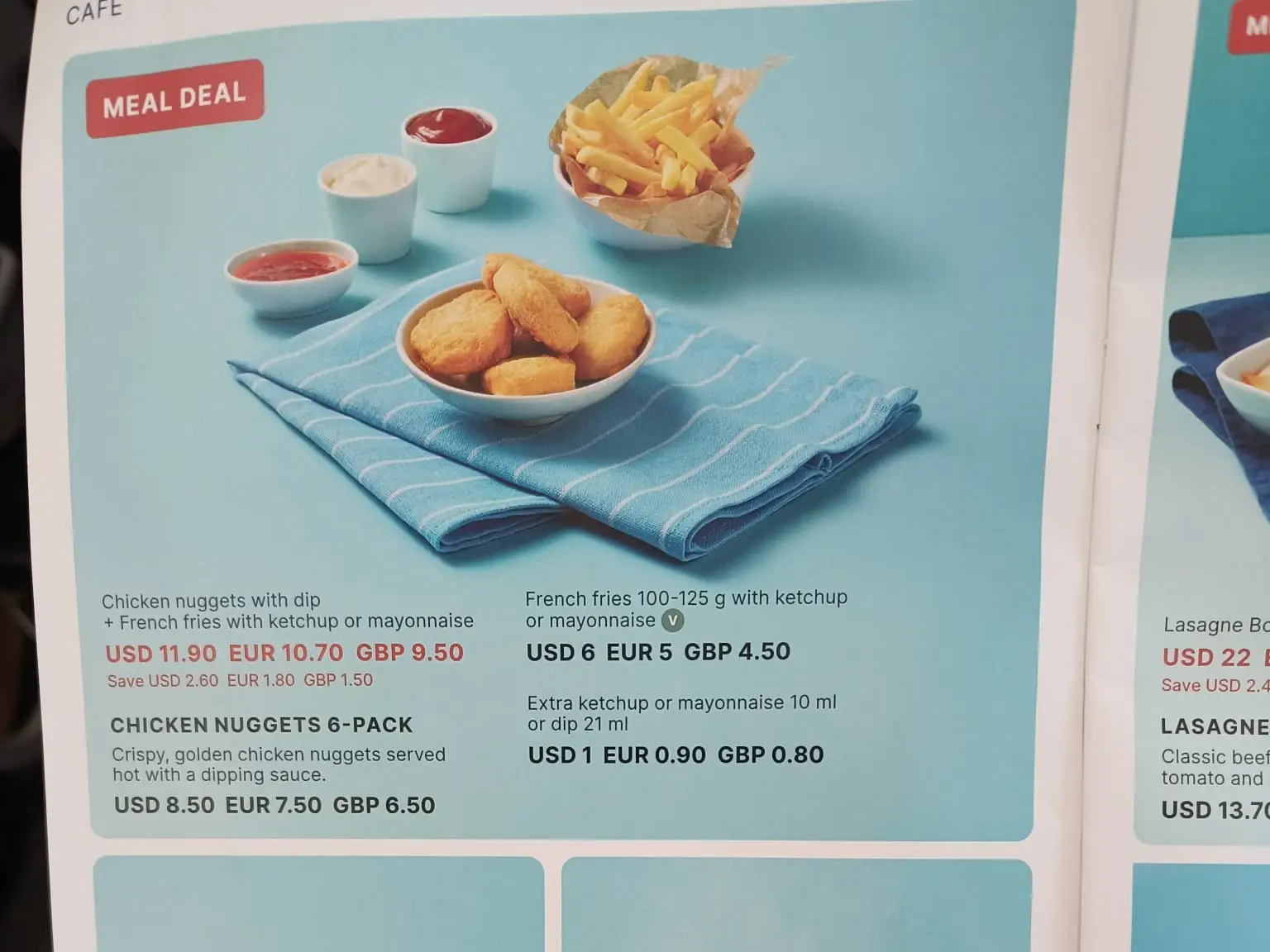The Norse menu with french fries, chicken nuggers, and pasta dishes.