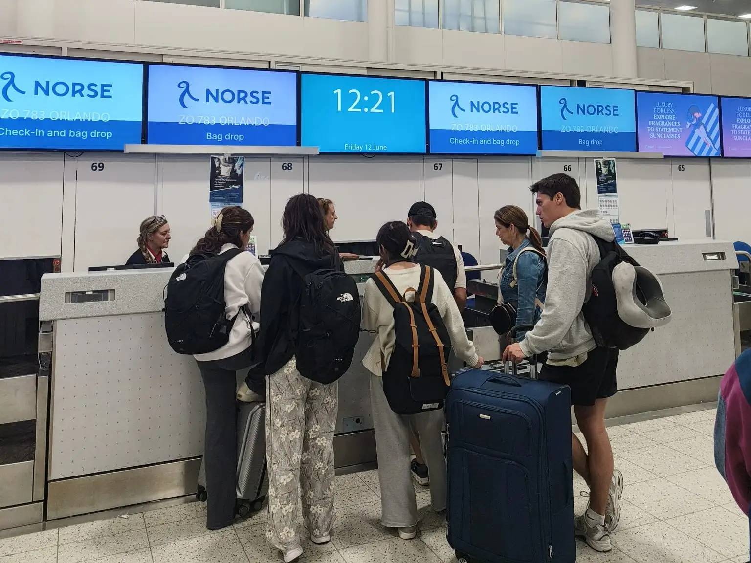 The check-in line for Norse at London Gatwick.