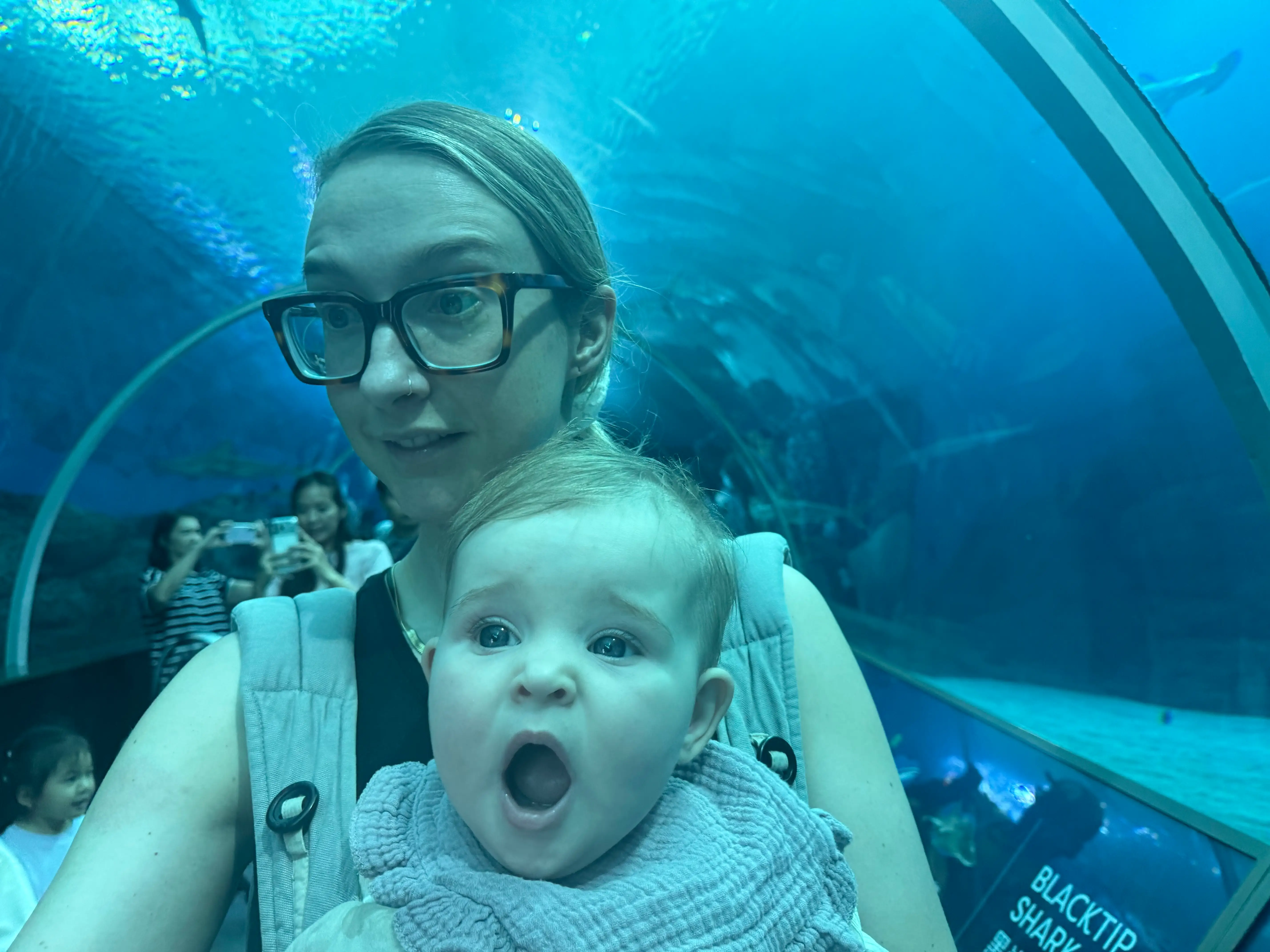 Woman holding baby in aquarium