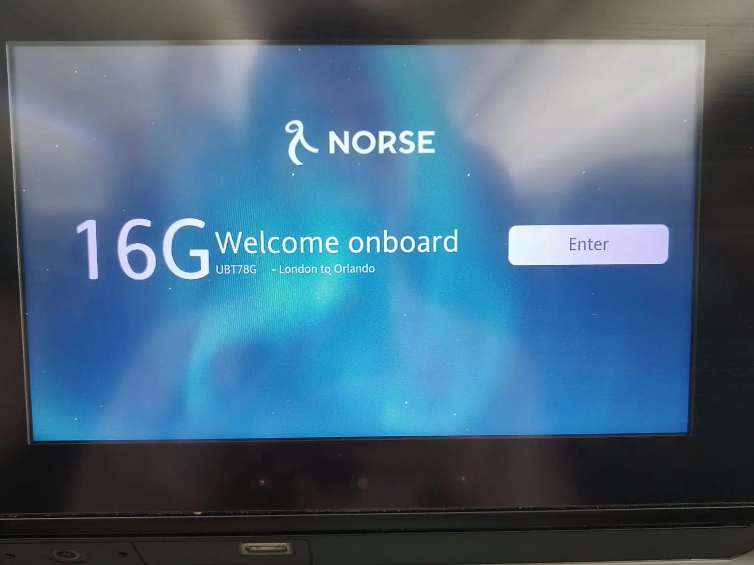 Flying Norse atlantic airways tv screen, 16G.