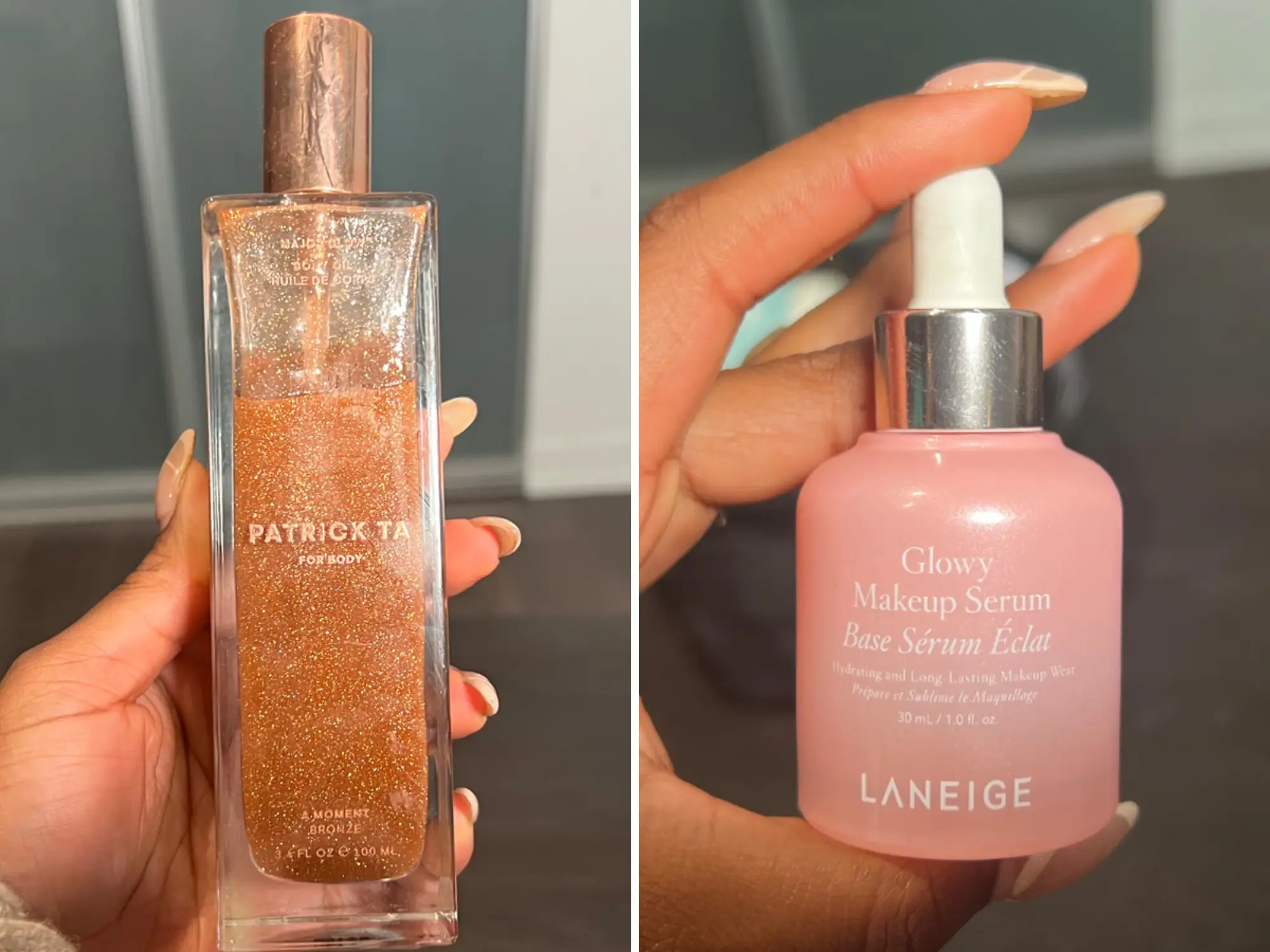 Composite of hand holding a glass Patrick Ta bottle with bronze, body oil next to hand holding a pink bottle of Laneige serum
