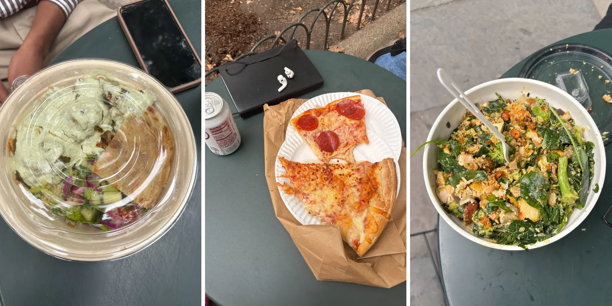 Outdoor café tables hold salads, pizza slices, a drink can, phone, and earbuds in a three-panel collage.