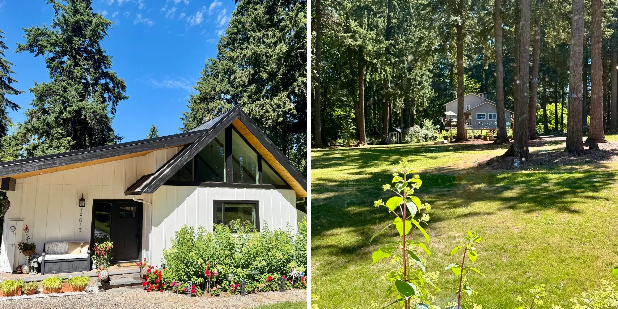 A side-by-side of an ADU surrounded by trees and a view of the main house on the property between trees.