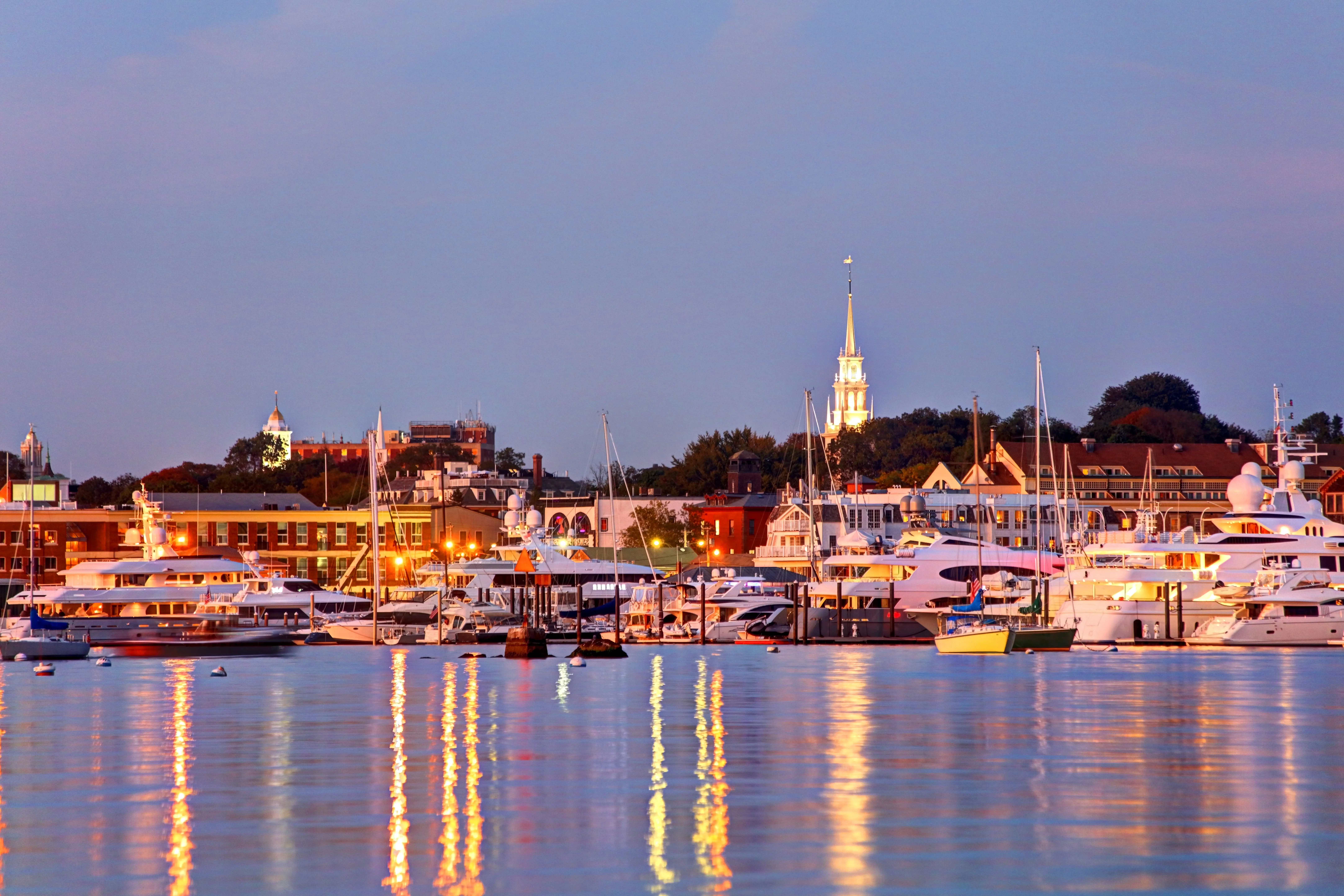 Newport with lights reflecting on water