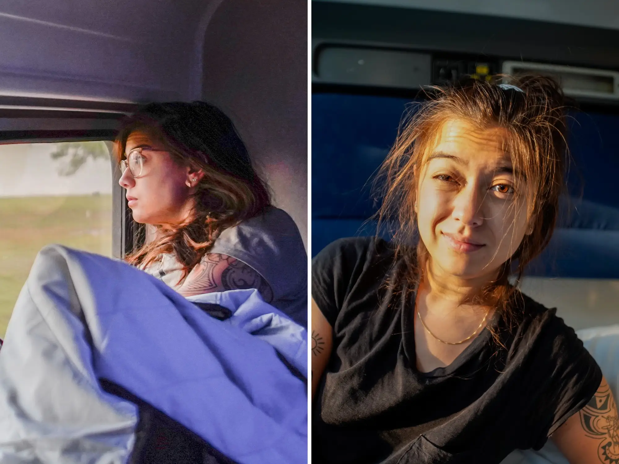 Side-by-side travel portraits show a person beside a window with a blanket and a blue seat.