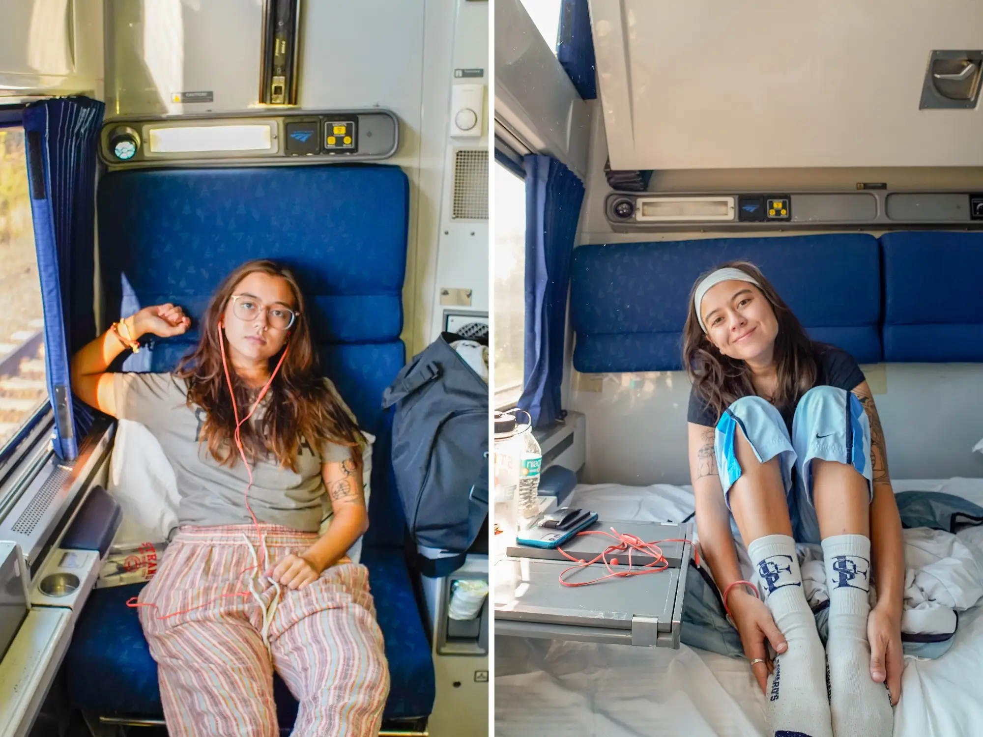 A traveler sits in blue sleeper train compartments with headphones, bags, bedding, and a fold-out table nearby.