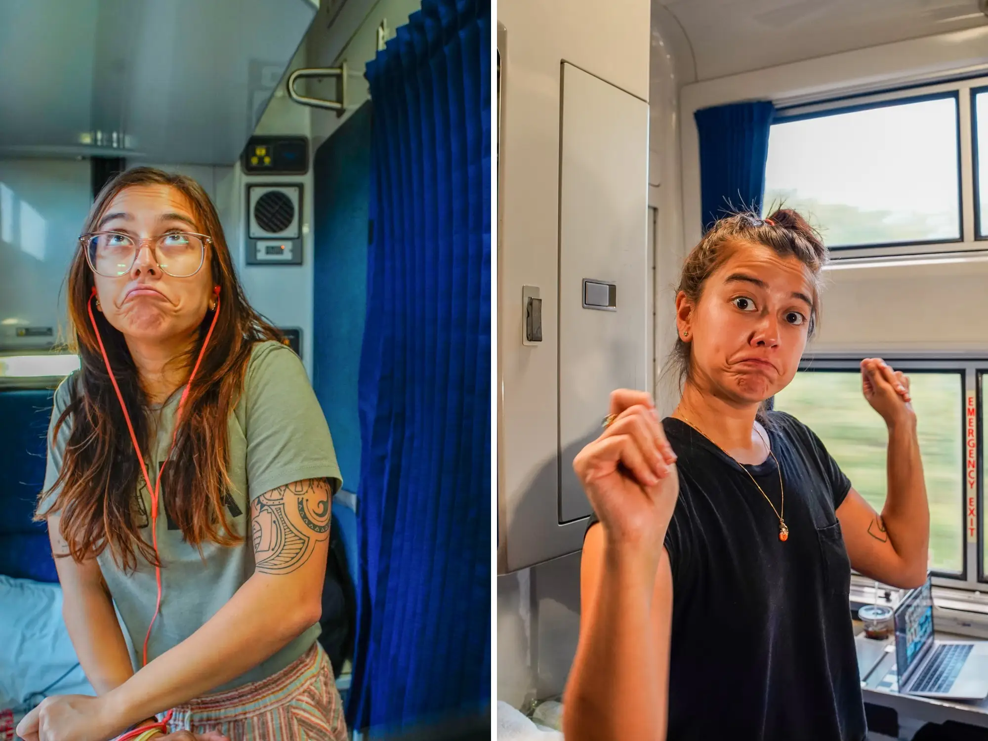 A composite image of a traveler making playful, unsure expressions inside train sleeper compartments with blue curtains and windows.