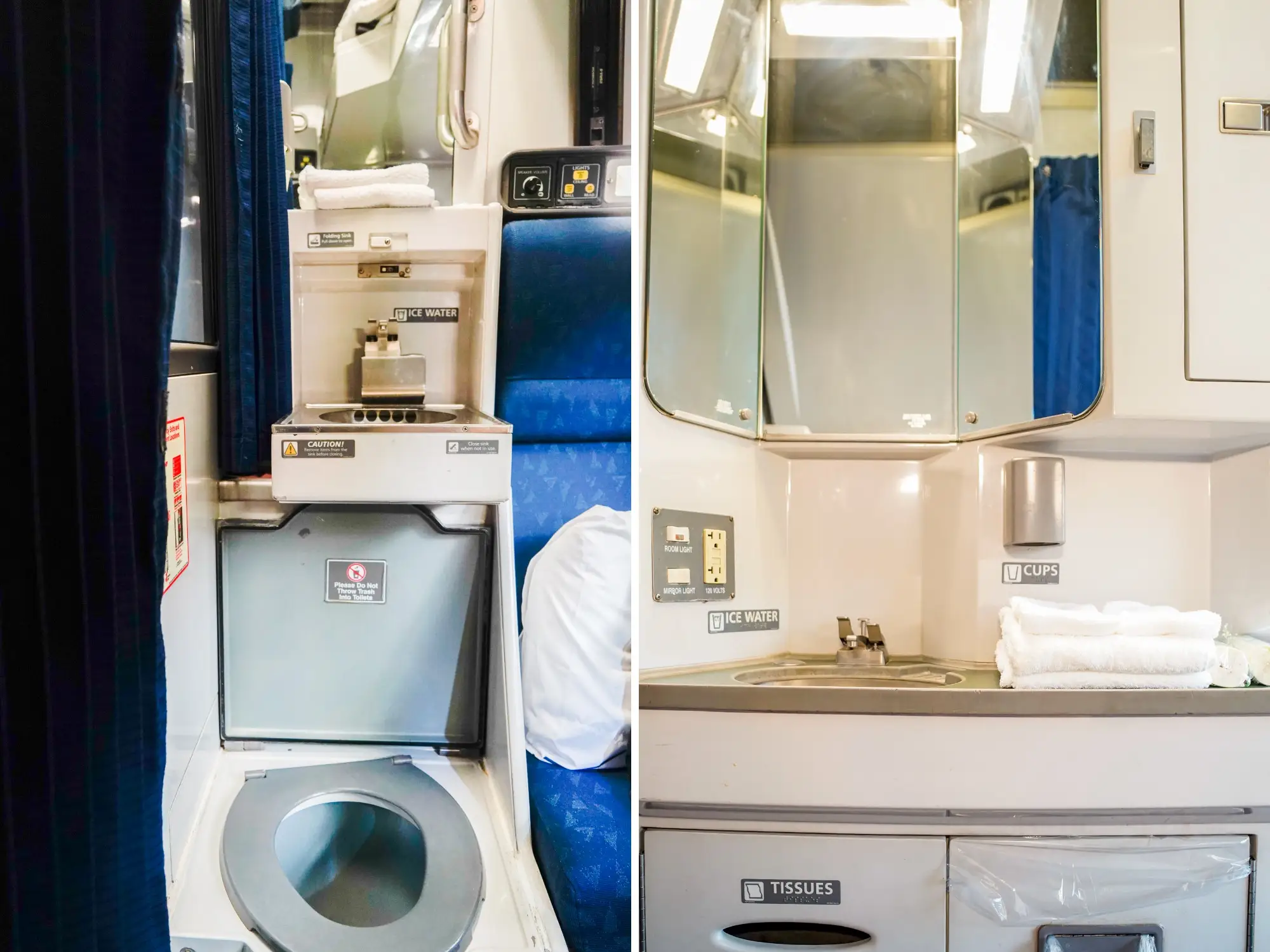 Compact train sleeper cabin bathroom area with toilet, sink, mirror, towels, ice water dispenser, cups, and tissues.