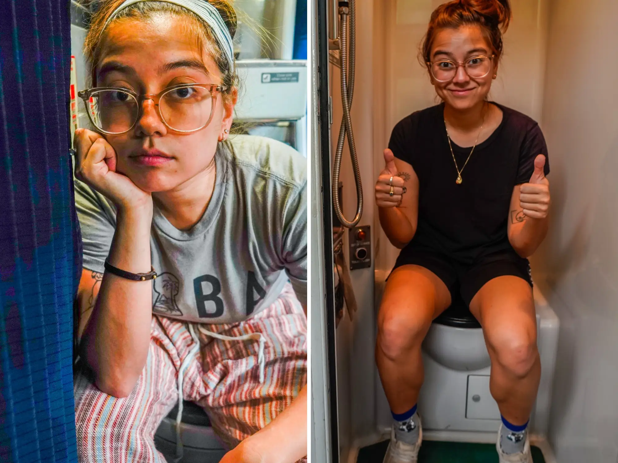 Split-screen shows a person with glasses resting their head, then seated on a compact toilet giving thumbs-up.