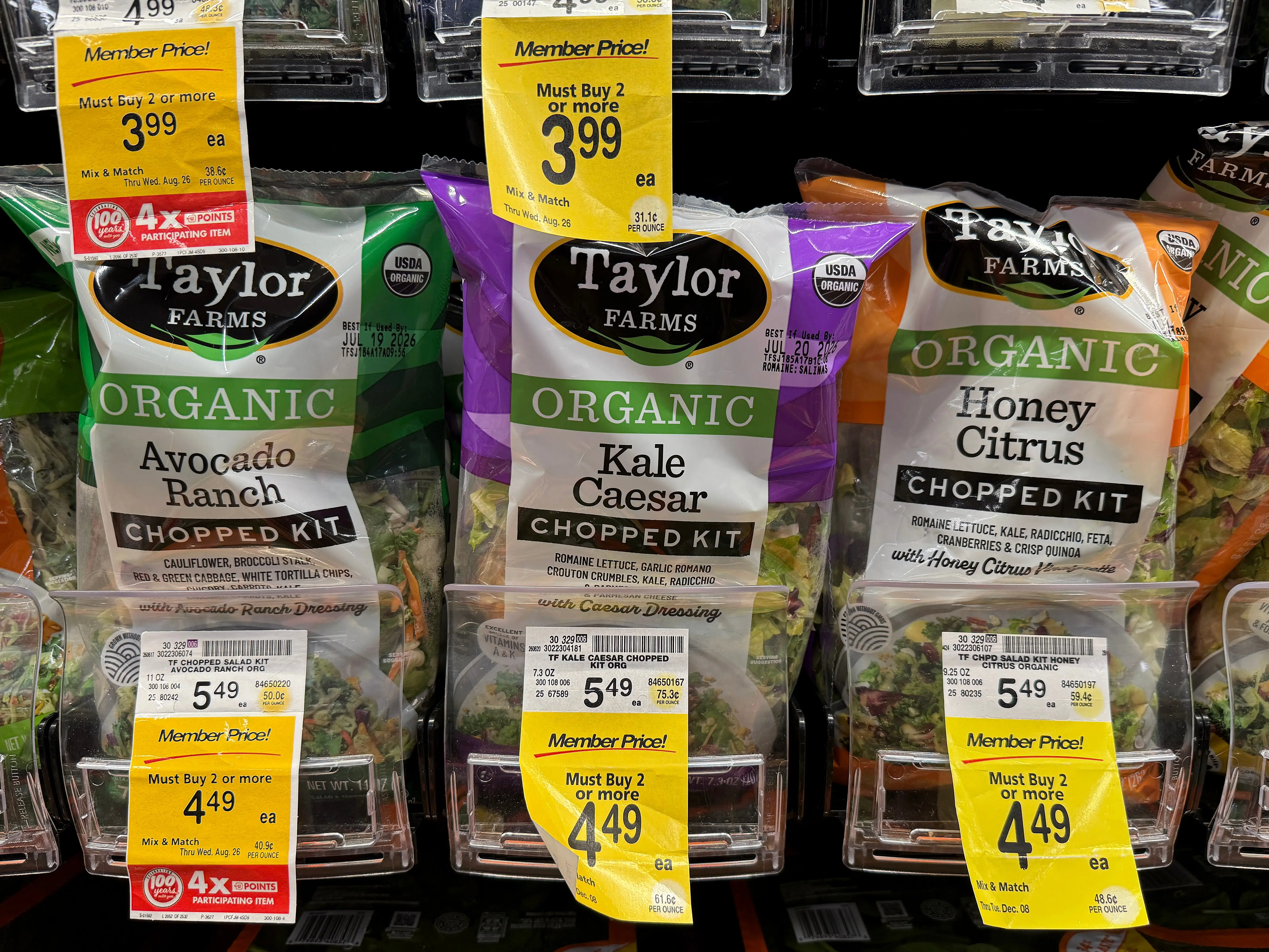 Packages of Taylor Farms salad greens are displayed at a Safeway store on July 16, 2026 in Kings Beach, California.
