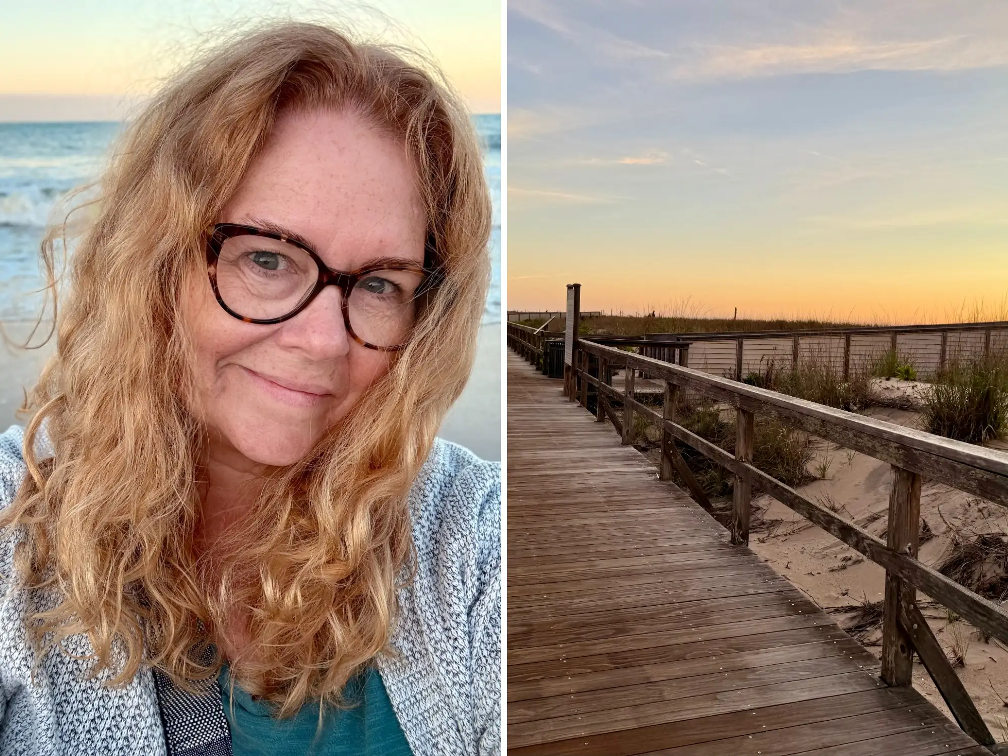 A side-by-side image of the writer at the beach and the boardwalk at Bethany Beach in Delaware.