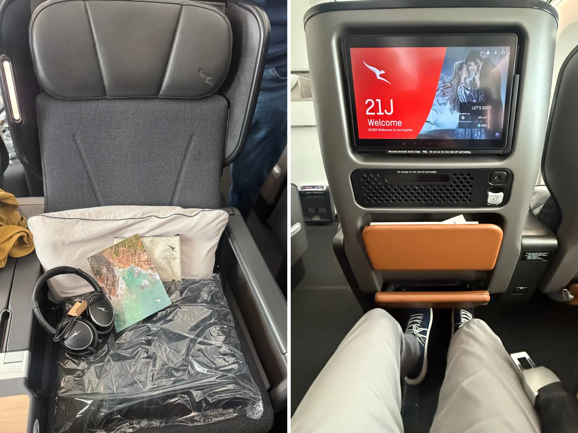 Side by side of image of Qantas premium seat wit hheadphones, pilow in it and View of author's legroom and knees on a  Qantas premium flight