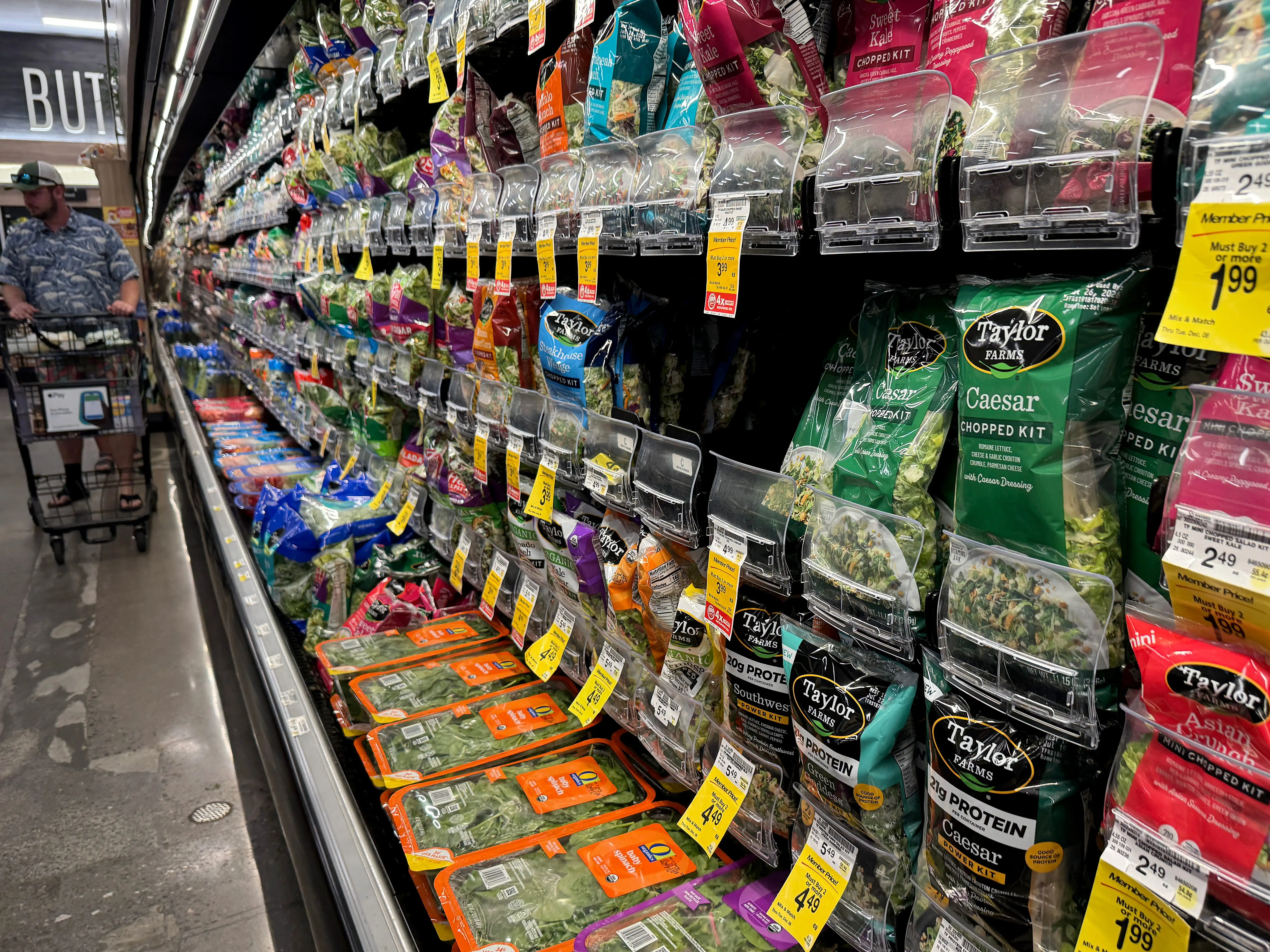 Packages of Taylor Farms salad greens are displayed at a Safeway store on July 16, 2026 in Kings Beach, California.