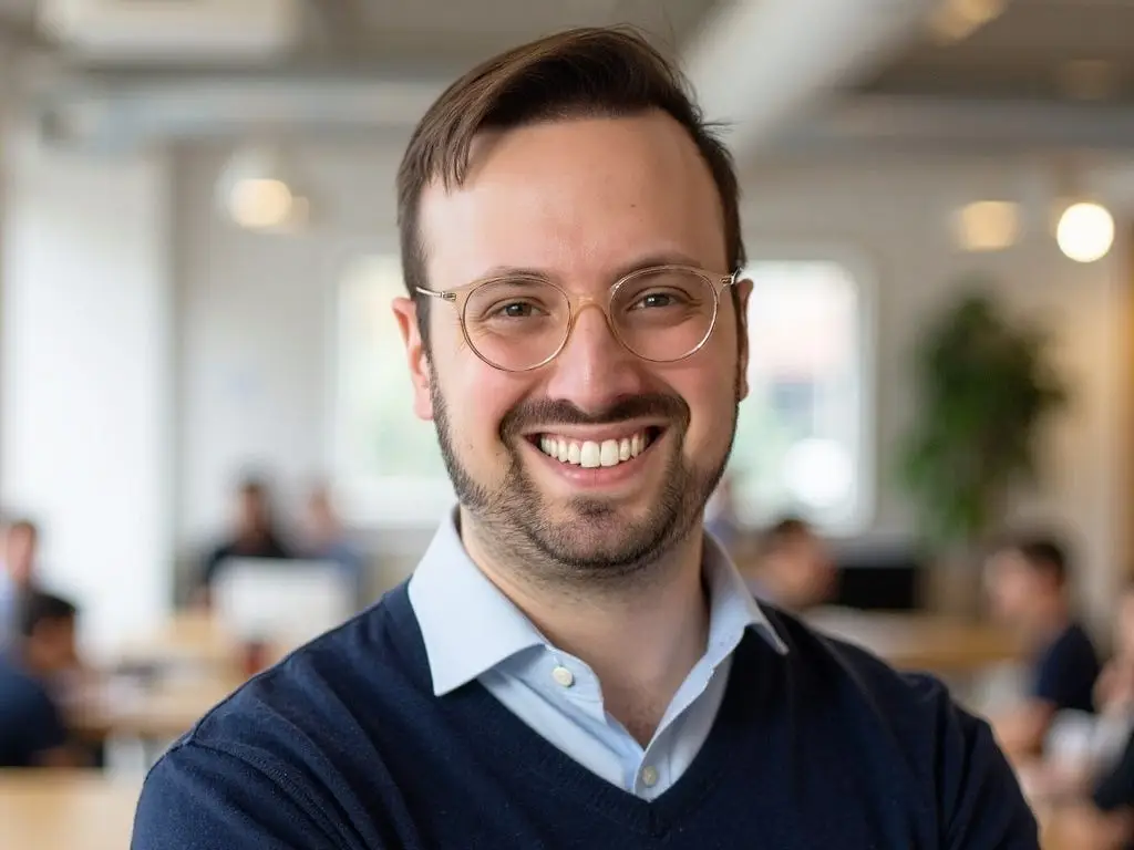 Smiling man wearing glasses and a navy sweater stands in a blurred modern office workspace.