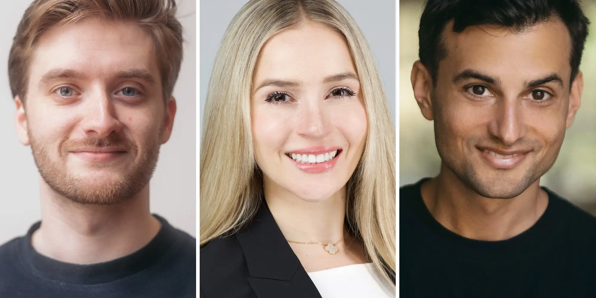 Three side-by-side professional headshots show smiling people against neutral backgrounds.