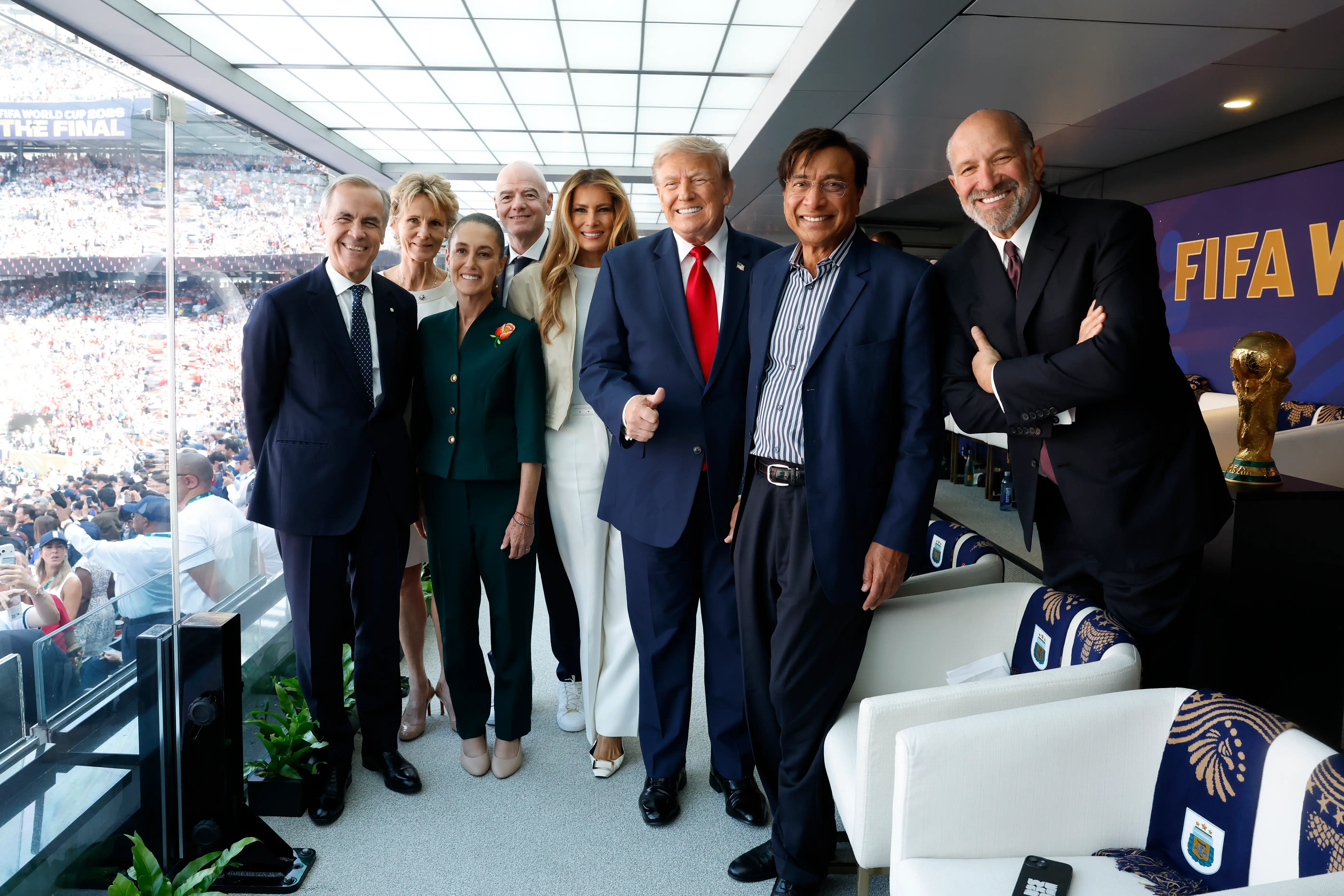Canadian Prime Minister Mark Carney, Diana Fox Carney, Mexican President Claudia Sheinbaum, FIFA President Gianni Infantino, US first lady Melania Trump, US President Donald Trump, ArcerlorMittal executive chairman Lakshmi Mittal and US Secretary of Commerce Howard Lutnick